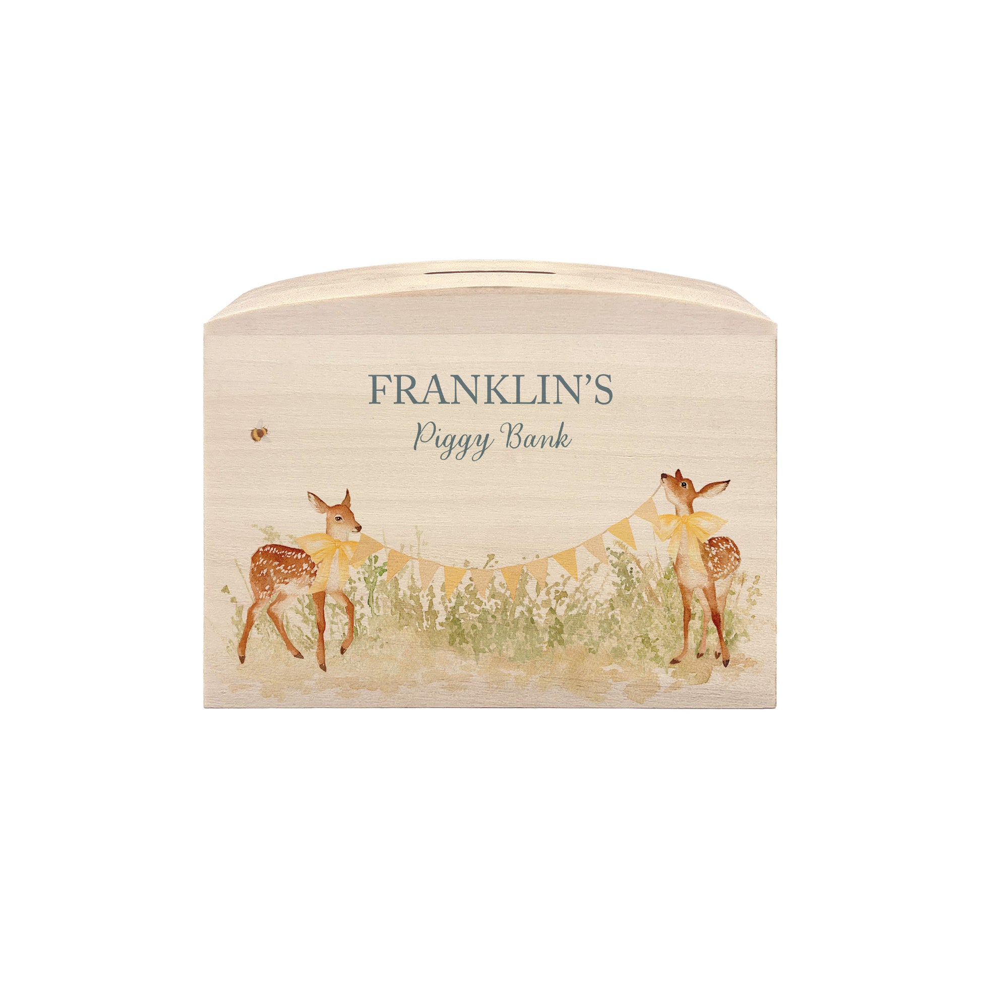 Baby Fawn with bunting and bows in a water colour design, the perfect money box for your little savers. Newborn, birthday and christening gift. 