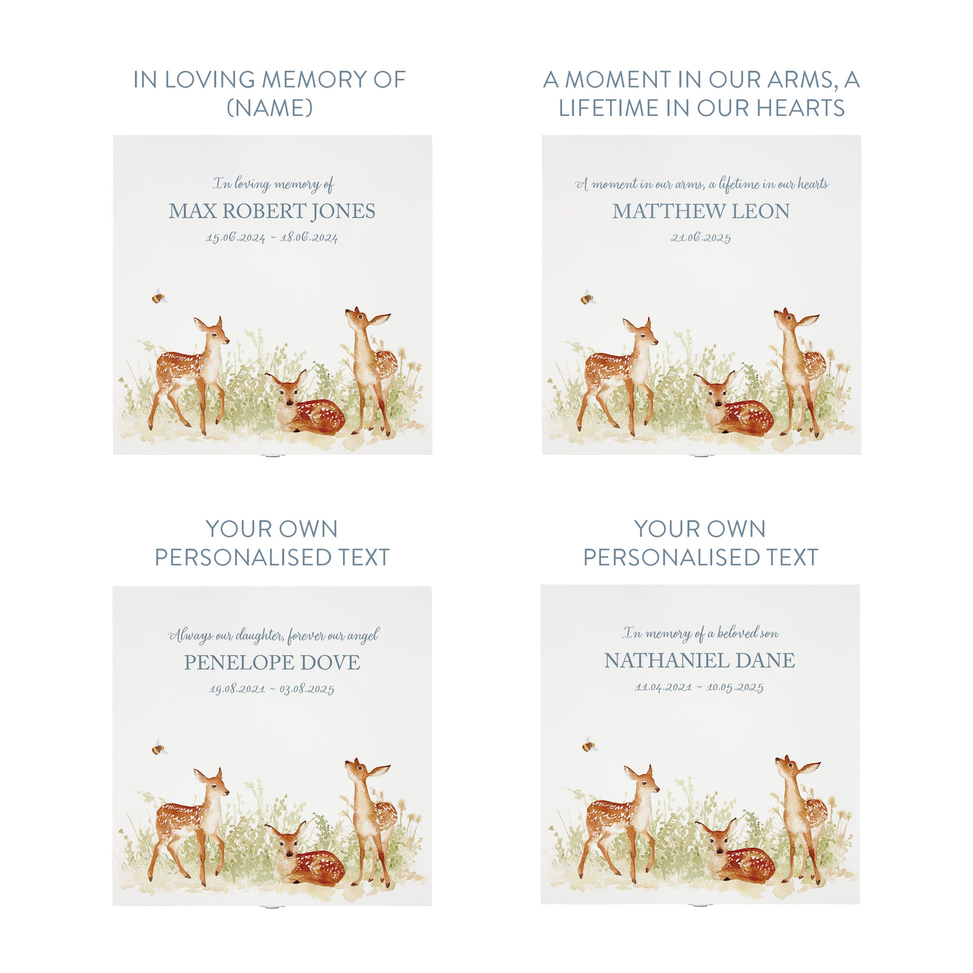 White Square personalised Wooden box with a decorative lid featuring illustrations Baby Fawn Perfect funeral memory keepsake box, for storing ashes, order of service, flowers and coping with baby loss capturing your loved ones things in one place. 
