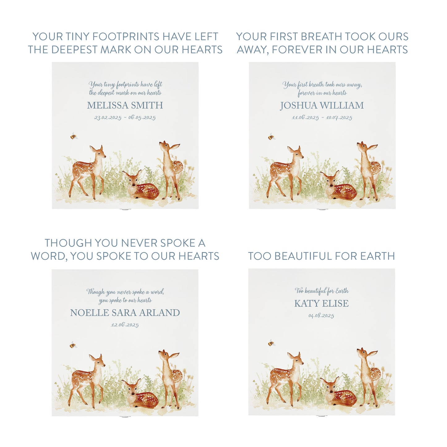 White Square personalised Wooden box with a decorative lid featuring illustrations Baby Fawn Perfect funeral memory keepsake box, for storing ashes, order of service, flowers and coping with baby loss capturing your loved ones things in one place. 
