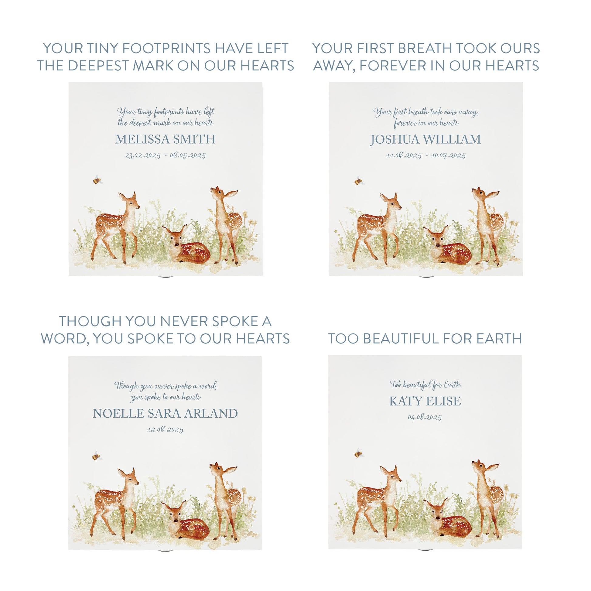 White Square personalised Wooden box with a decorative lid featuring illustrations Baby Fawn Perfect funeral memory keepsake box, for storing ashes, order of service, flowers and coping with baby loss capturing your loved ones things in one place. 