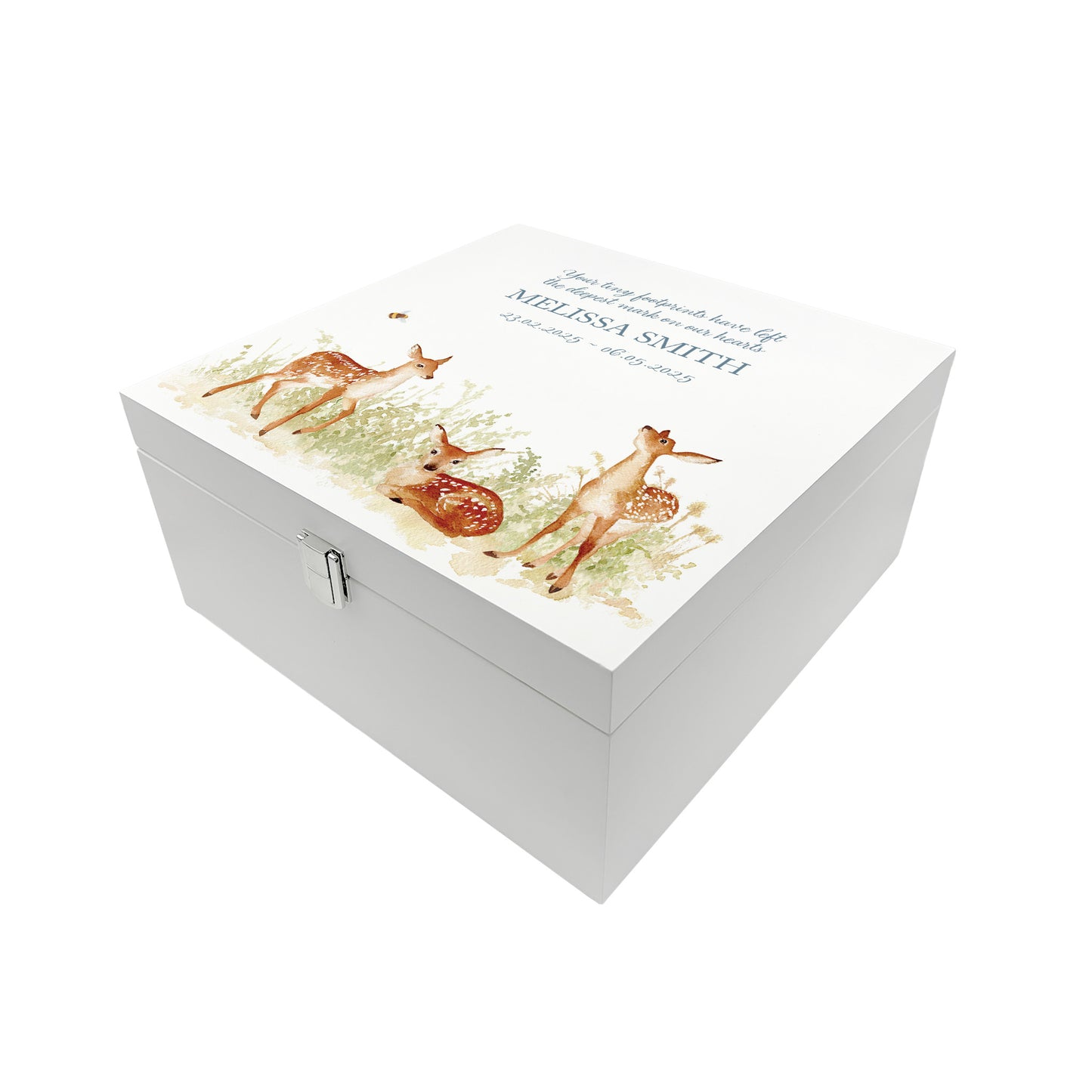White Square personalised Wooden box with a decorative lid featuring illustrations Baby Fawn Perfect funeral memory keepsake box, for storing ashes, order of service, flowers and coping with baby loss capturing your loved ones things in one place. 