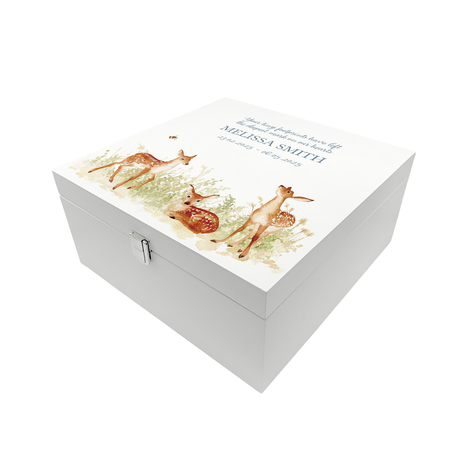 White Square personalised Wooden box with a decorative lid featuring illustrations Baby Fawn Perfect funeral memory keepsake box, for storing ashes, order of service, flowers and coping with baby loss capturing your loved ones things in one place. 