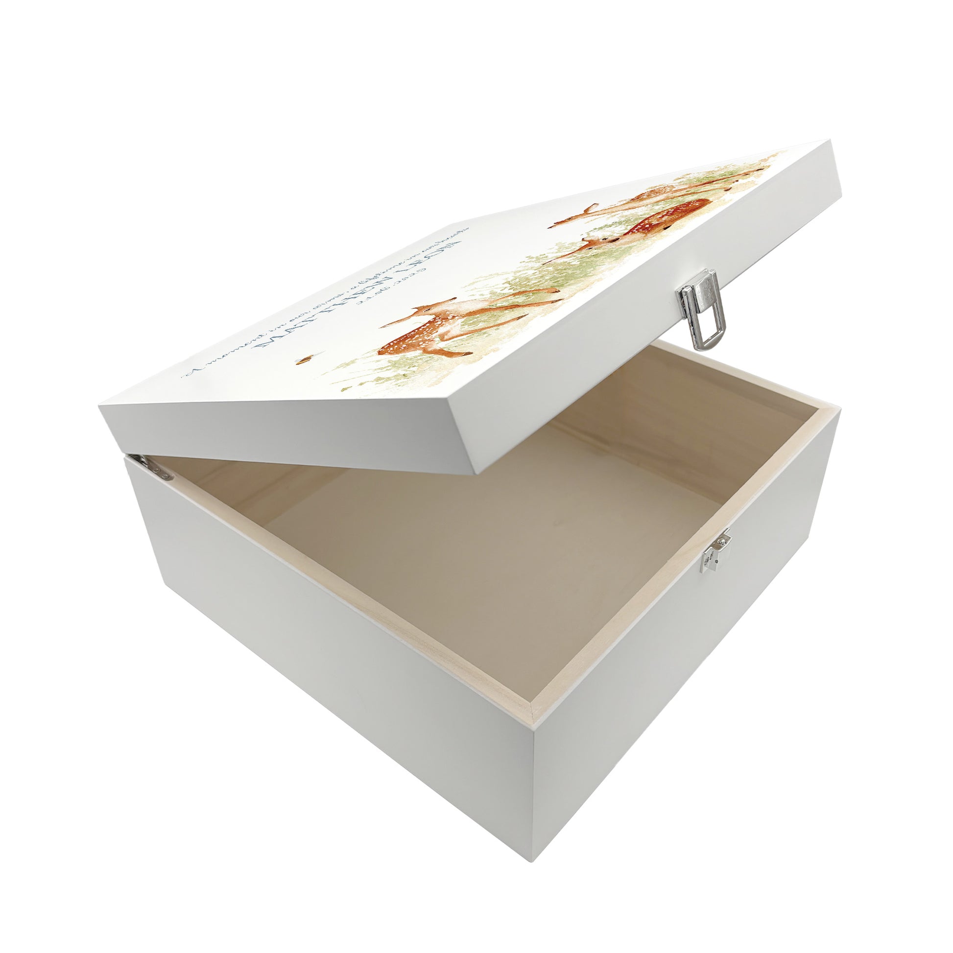 White Square personalised Wooden box with a decorative lid featuring illustrations Baby Fawn Perfect funeral memory keepsake box, for storing ashes, order of service, flowers and coping with baby loss capturing your loved ones things in one place. 