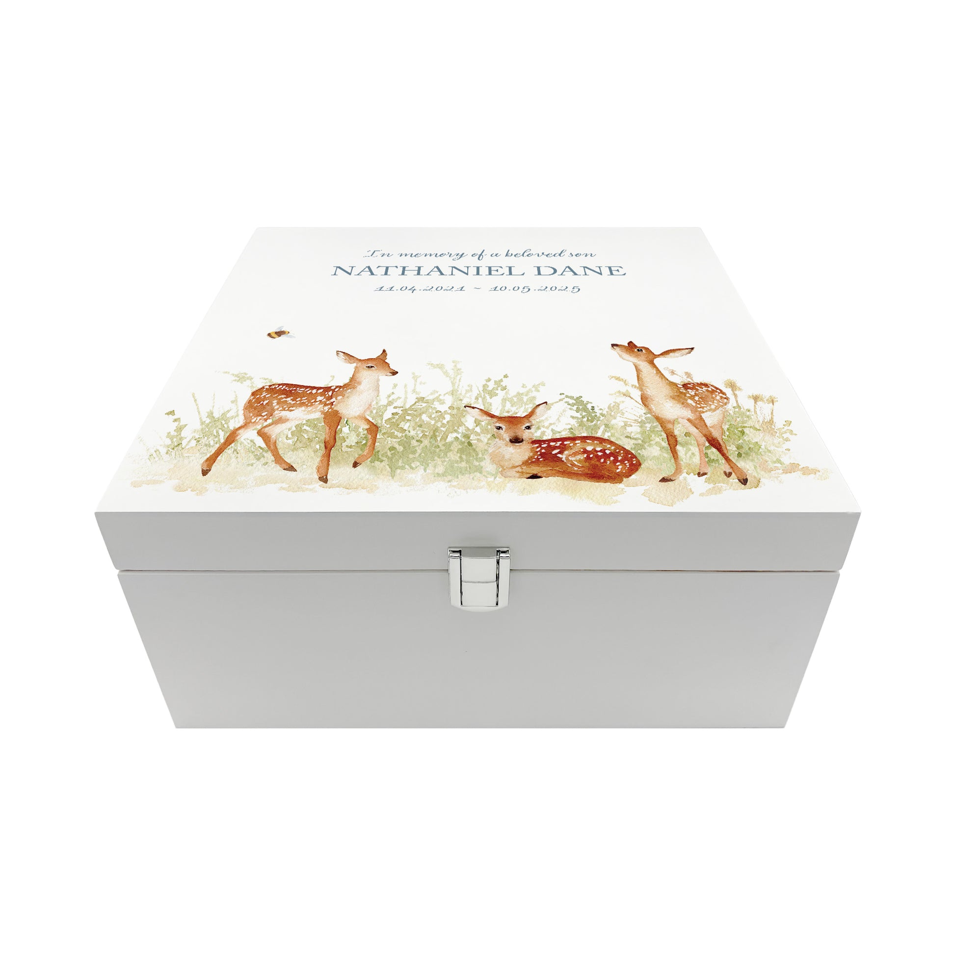 White Square personalised Wooden box with a decorative lid featuring illustrations Baby Fawn Perfect funeral memory keepsake box, for storing ashes, order of service, flowers and coping with baby loss capturing your loved ones things in one place. 