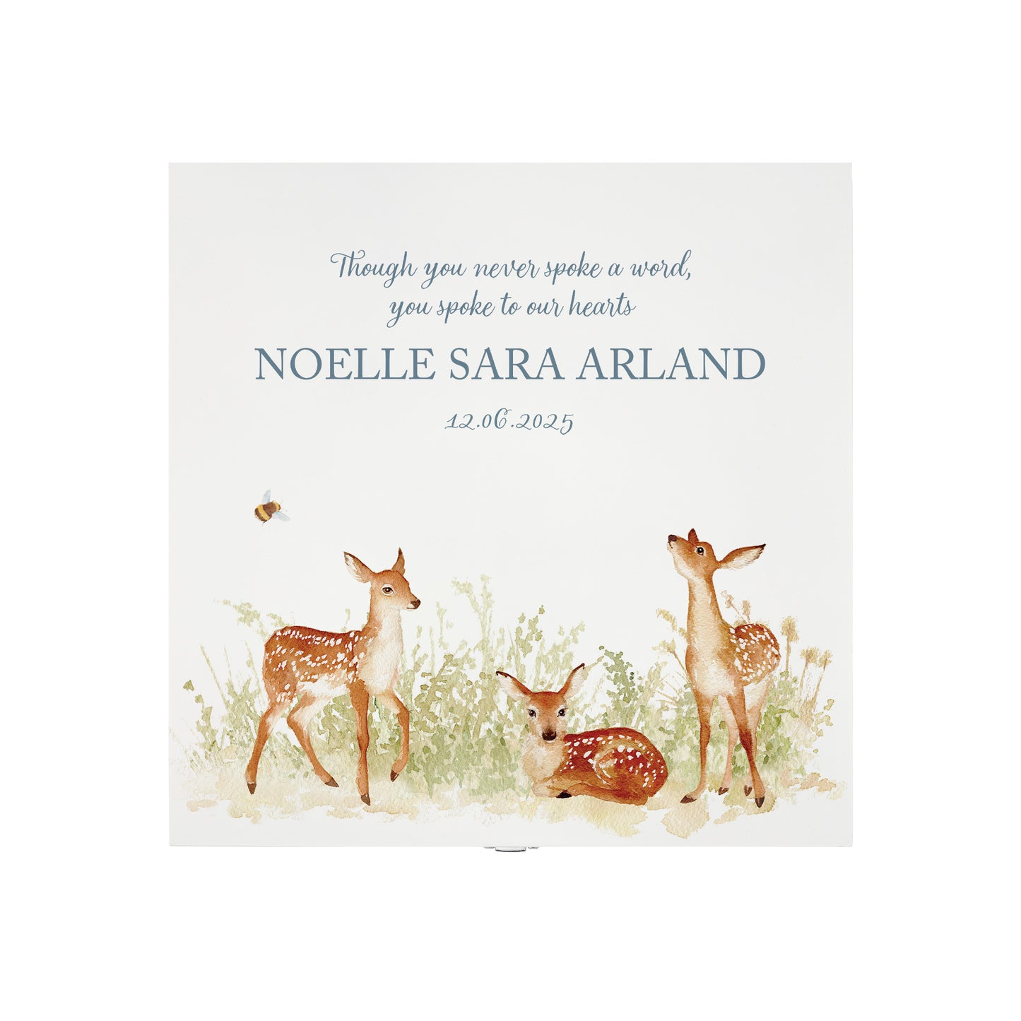 White Square personalised Wooden box with a decorative lid featuring illustrations Baby Fawn Perfect funeral memory keepsake box, for storing ashes, order of service, flowers and coping with baby loss capturing your loved ones things in one place. 