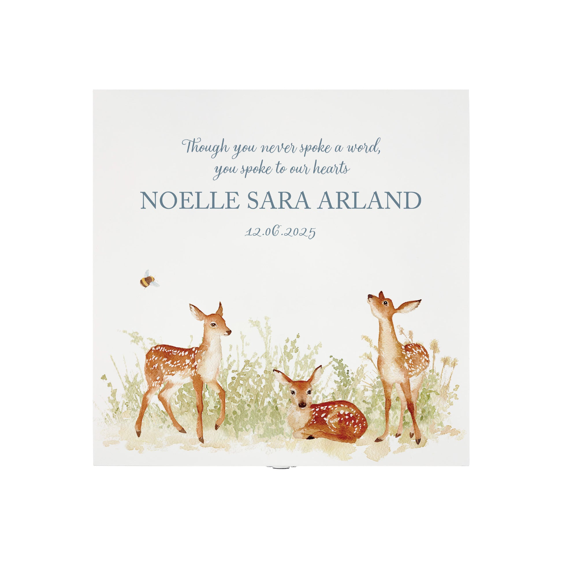 White Square personalised Wooden box with a decorative lid featuring illustrations Baby Fawn Perfect funeral memory keepsake box, for storing ashes, order of service, flowers and coping with baby loss capturing your loved ones things in one place. 