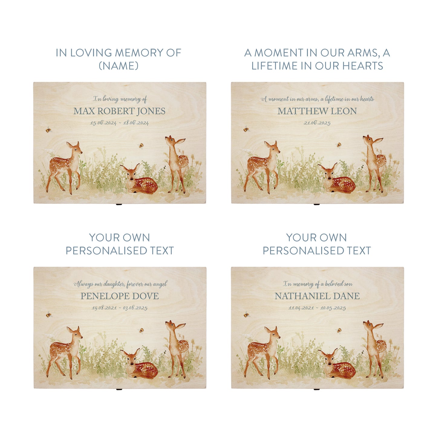 Wooden box with a decorative lid featuring illustrations Baby Fawn Perfect funeral memory keepsake box, for storing ashes, order of service, flowers and coping with baby loss capturing your loved ones things in one place 