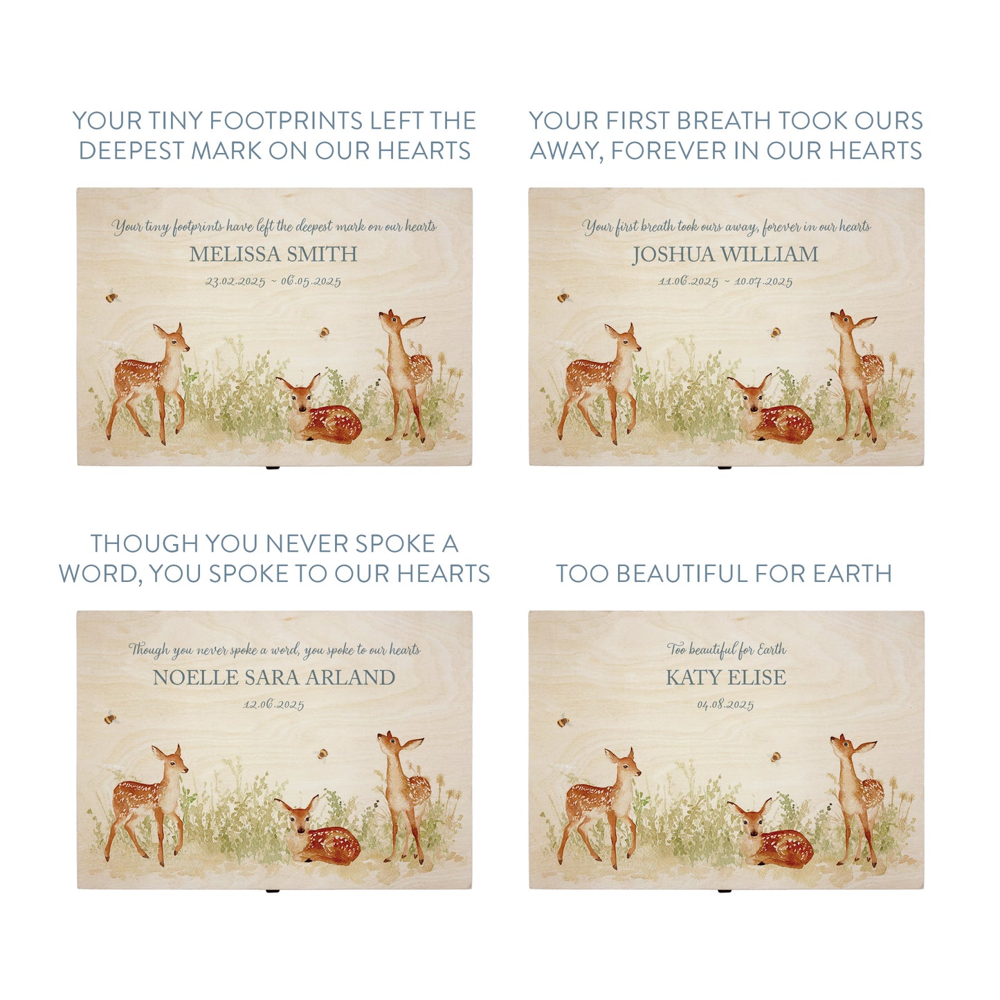 Wooden box with a decorative lid featuring illustrations Baby Fawn Perfect funeral memory keepsake box, for storing ashes, order of service, flowers and coping with baby loss capturing your loved ones things in one place 
