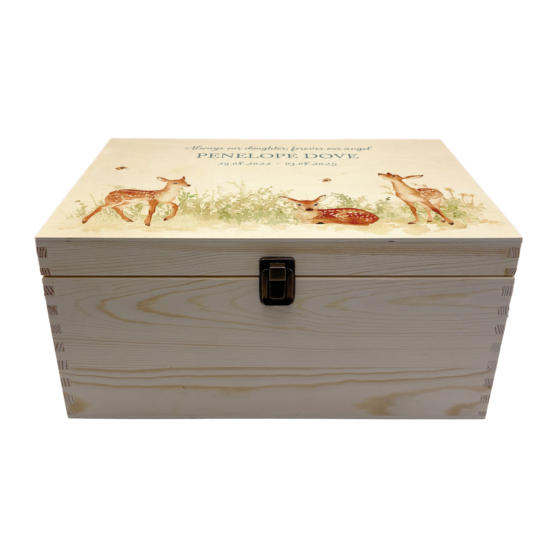 Wooden box with a decorative lid featuring illustrations Baby Fawn Perfect funeral memory keepsake box, for storing ashes, order of service, flowers and coping with baby loss capturing your loved ones things in one place 