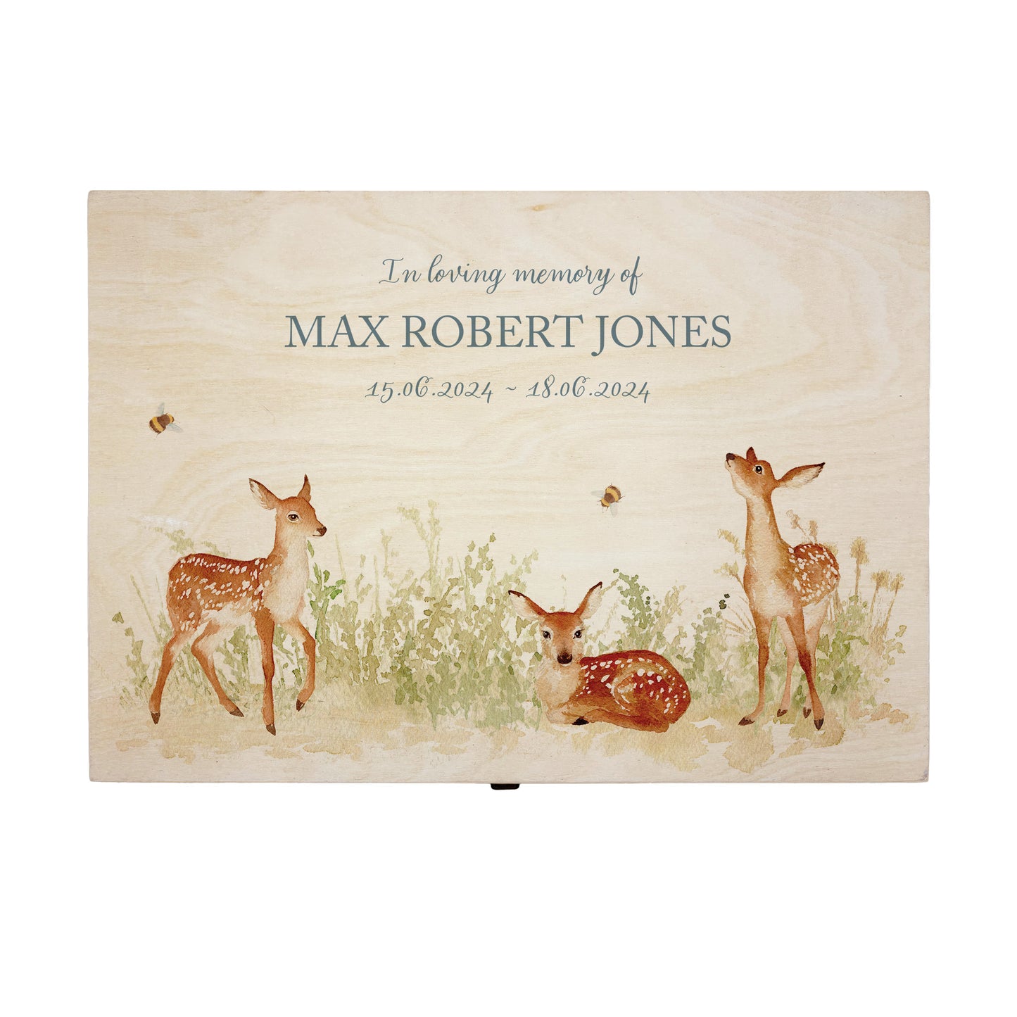 Wooden box with a decorative lid featuring illustrations Baby Fawn Perfect funeral memory keepsake box, for storing ashes, order of service, flowers and coping with baby loss capturing your loved ones things in one place 