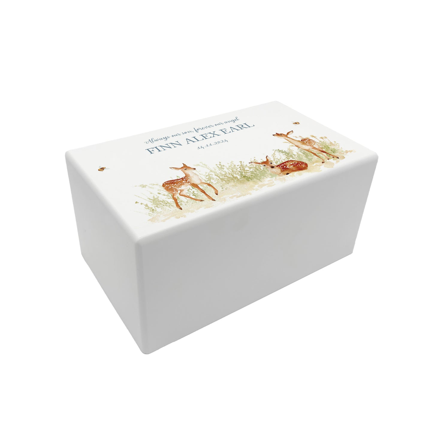 Luxury solid wooden white painted Urn ,  Featuring Baby Fawn, A watercolour illustration, our urns and Caskets for displaying or burying ashes. Customisable and can be personalised. Perfect funeral memory keepsake urn, for storing ashes for humans and pets. Coping with baby loss, baby memorial