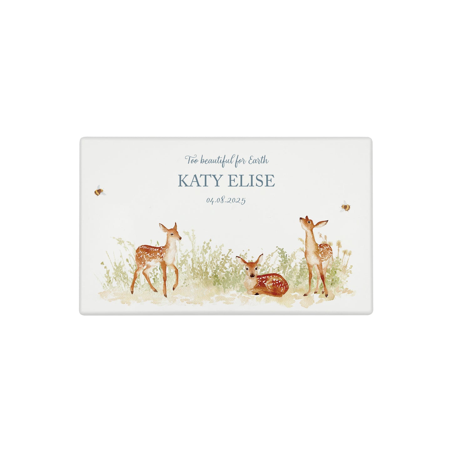 Luxury solid wooden white painted Urn ,  Featuring Baby Fawn, A watercolour illustration, our urns and Caskets for displaying or burying ashes. Customisable and can be personalised. Perfect funeral memory keepsake urn, for storing ashes for humans and pets. Coping with baby loss, baby memorial