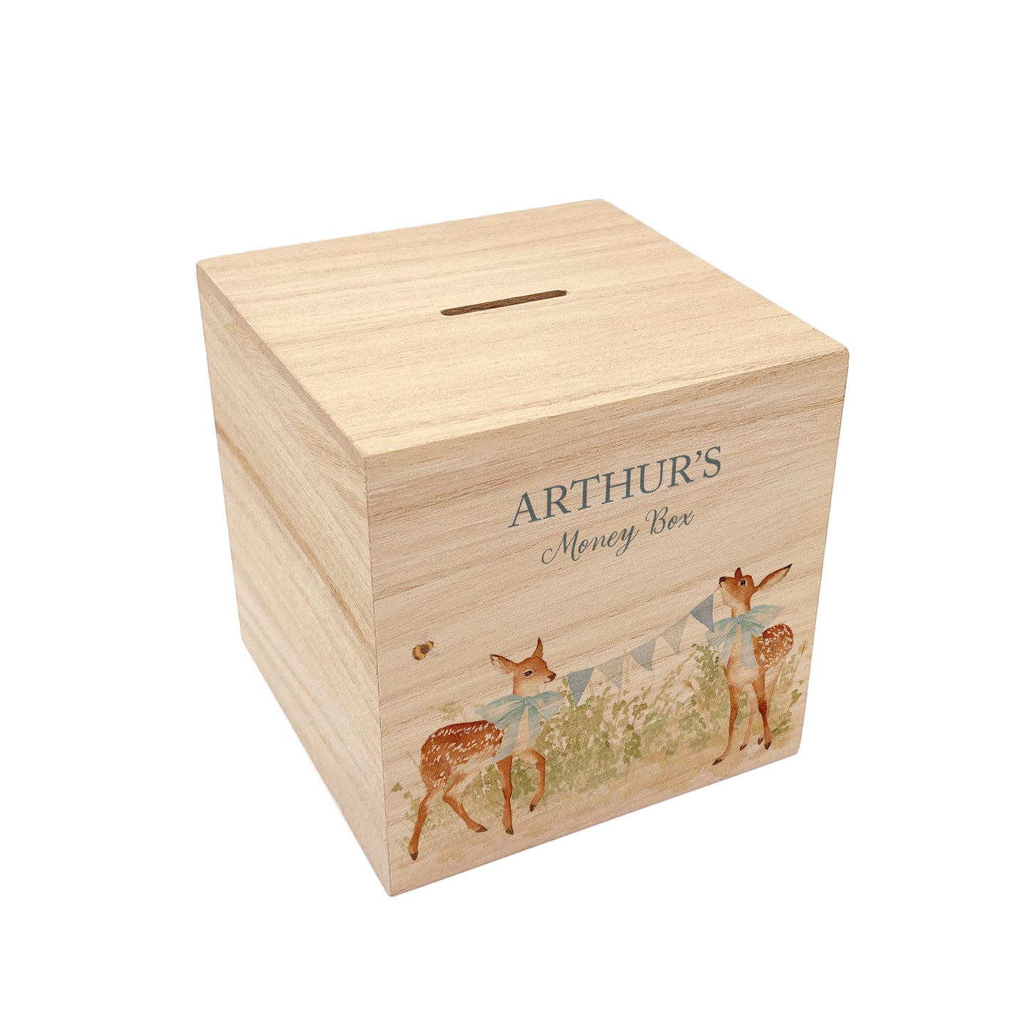 handmade nursery decor featuring wooden baby money box with watercolour design, sweet baby twin fawns. 