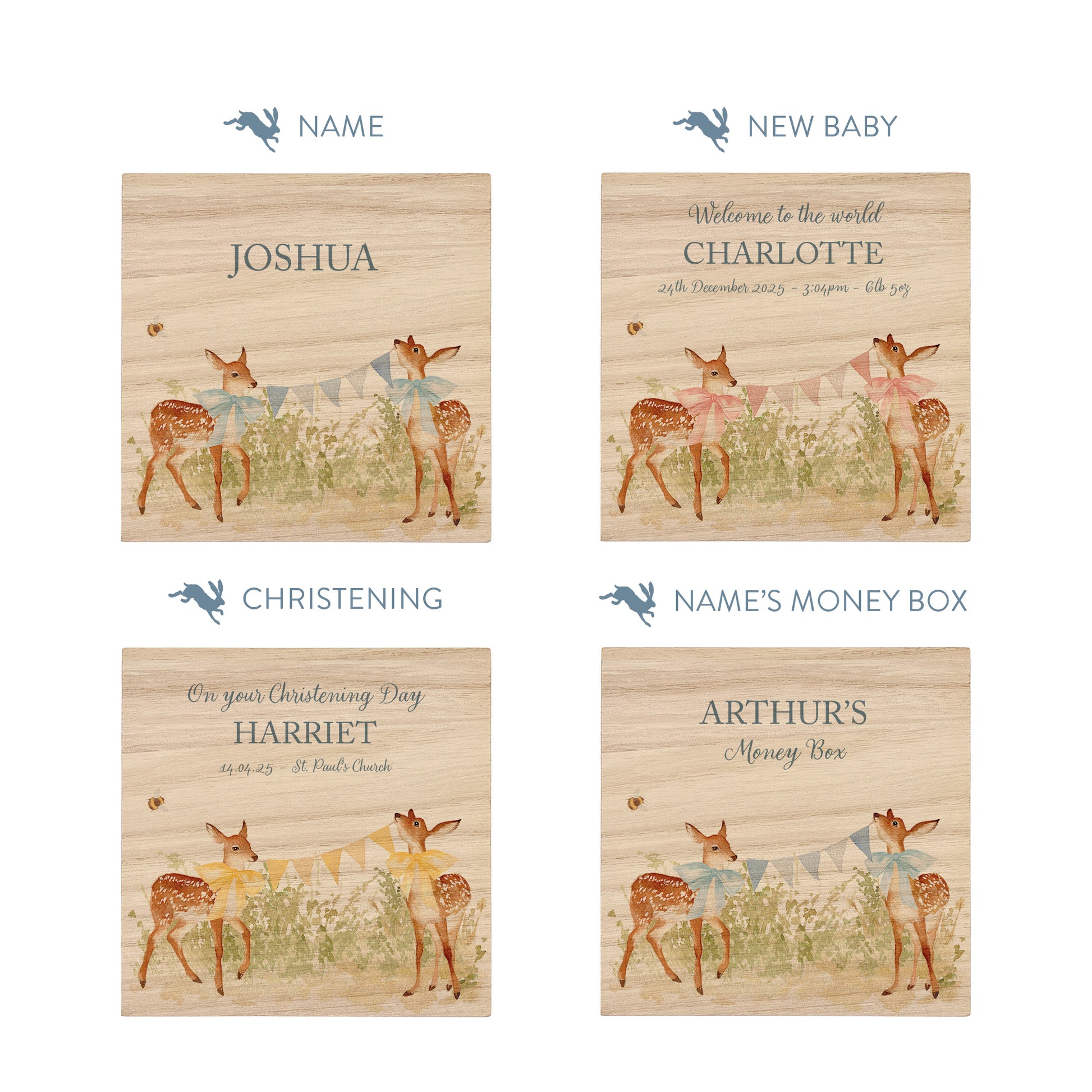 handmade nursery decor featuring wooden baby money box with watercolour design, sweet baby twin fawns. 