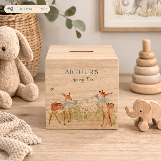 handmade nursery decor featuring wooden baby money box with watercolour design, sweet baby twin fawns. 