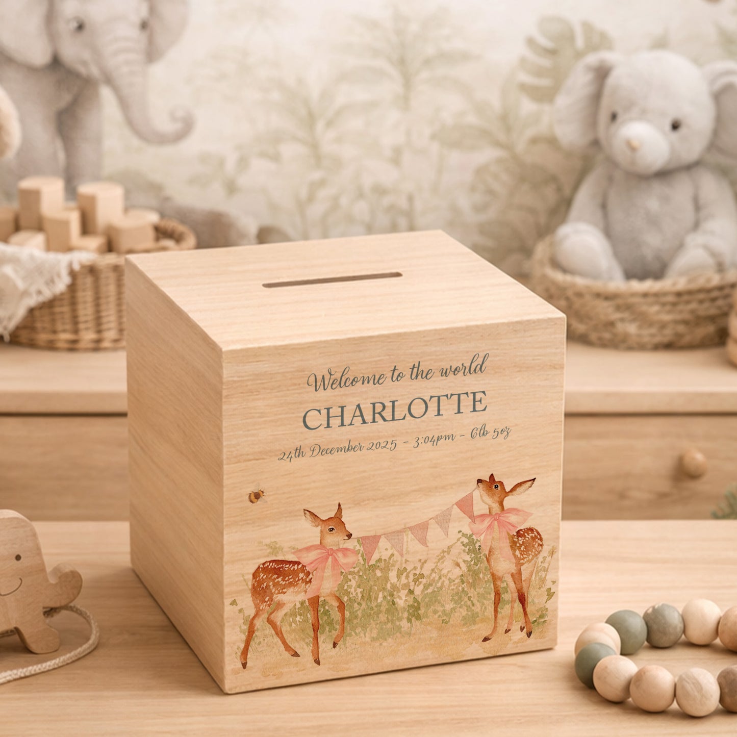 handmade nursery decor featuring wooden baby money box with watercolour design, sweet baby twin fawns. 