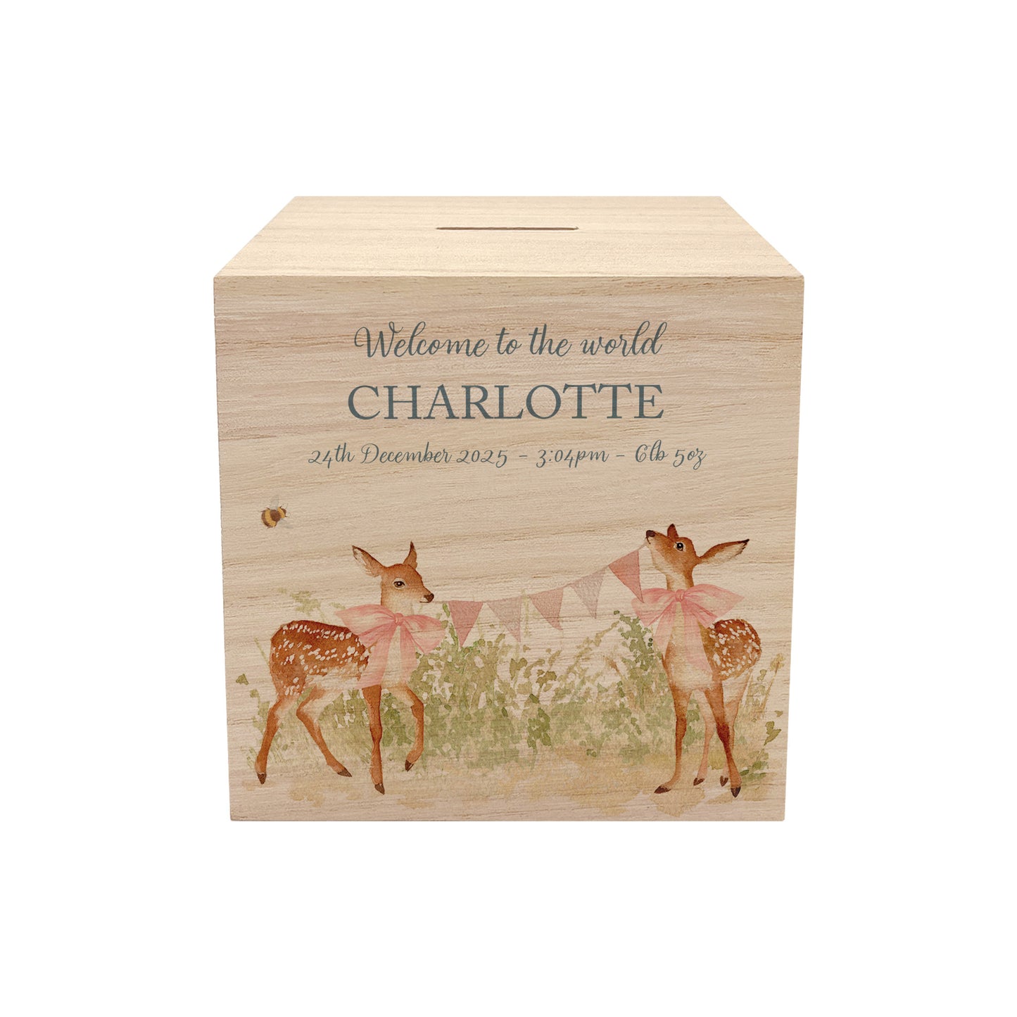 handmade nursery decor featuring wooden baby money box with watercolour design, sweet baby twin fawns. 