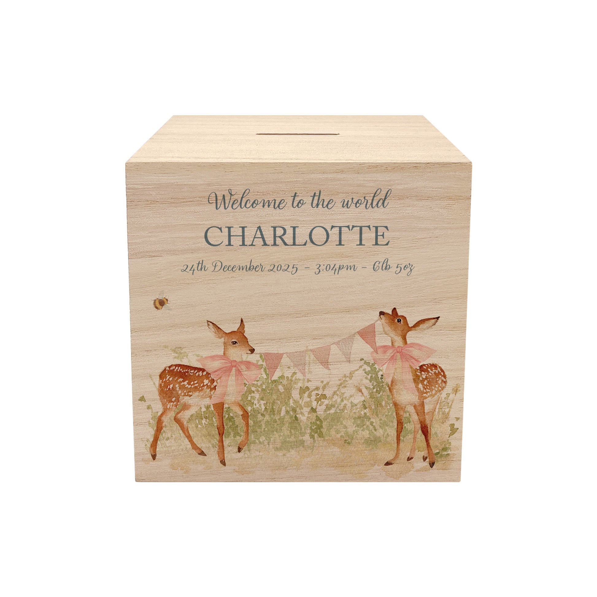 handmade nursery decor featuring wooden baby money box with watercolour design, sweet baby twin fawns. 