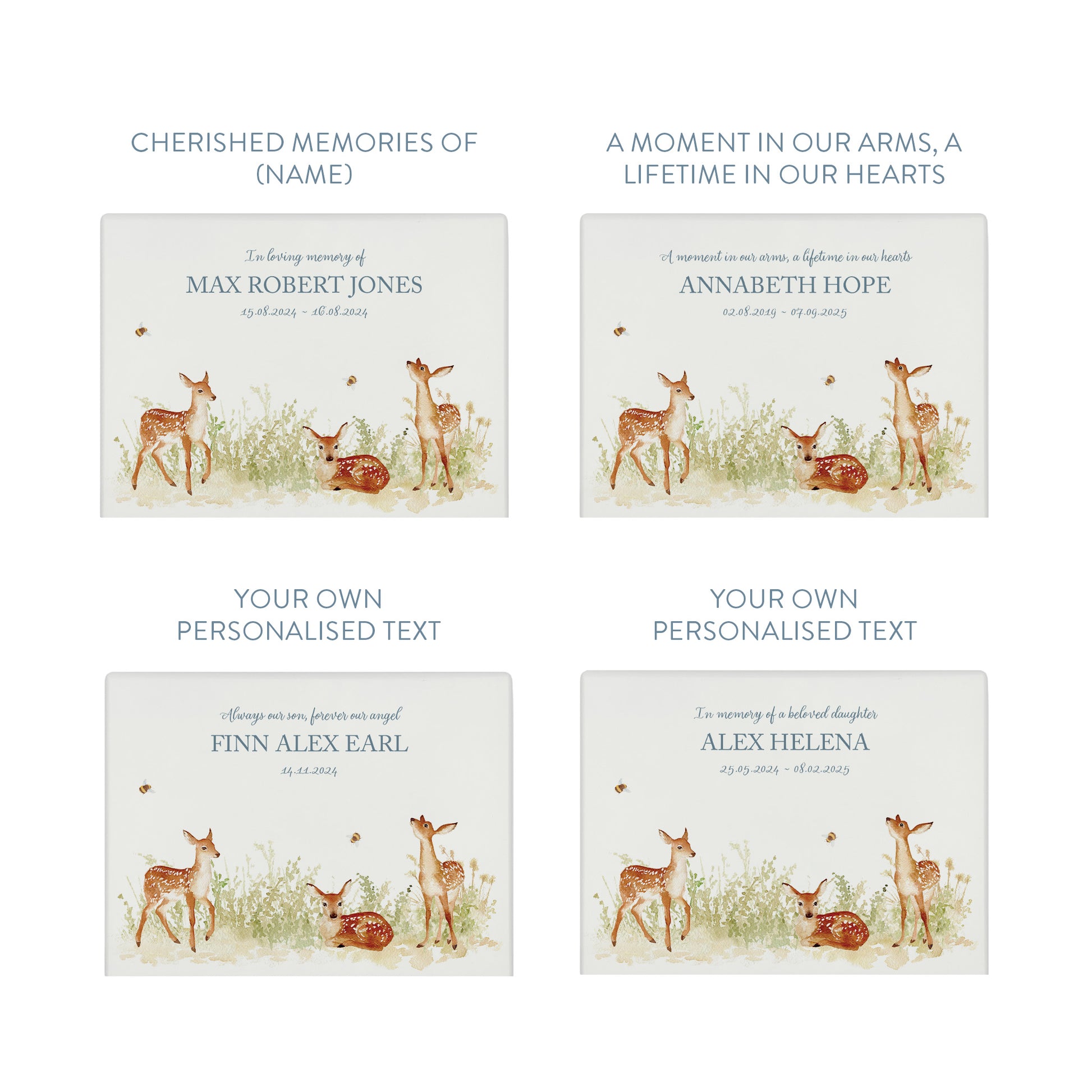 Luxury solid wooden white painted with Baby Fawn in a meadow with buzzy bees, a beautiful watercolour illustration our urns and Caskets for displaying or burying ashes. Customisable and can be personalised. Perfect funeral memory keepsake urn, for storing ashes for humans and pets. Coping with baby loss. 