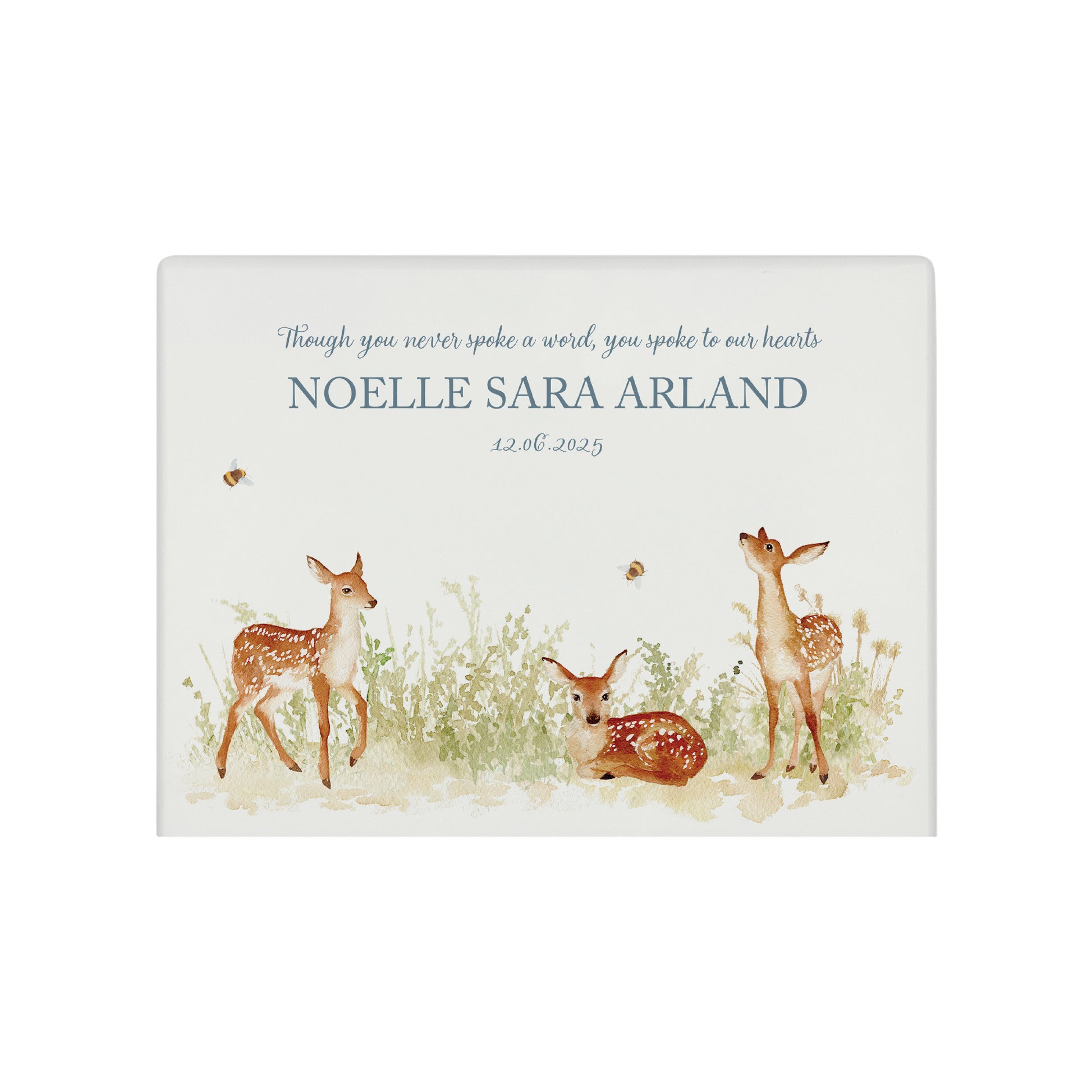 Luxury solid wooden white painted with Baby Fawn in a meadow with buzzy bees, a beautiful watercolour illustration our urns and Caskets for displaying or burying ashes. Customisable and can be personalised. Perfect funeral memory keepsake urn, for storing ashes for humans and pets. Coping with baby loss. 