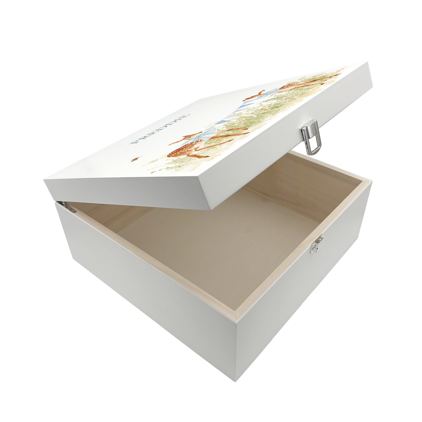 A personalised white wooden baby keepsake gift box with a watercolour fawns design. The box is shown with the lid open to show the solid wood box interior.