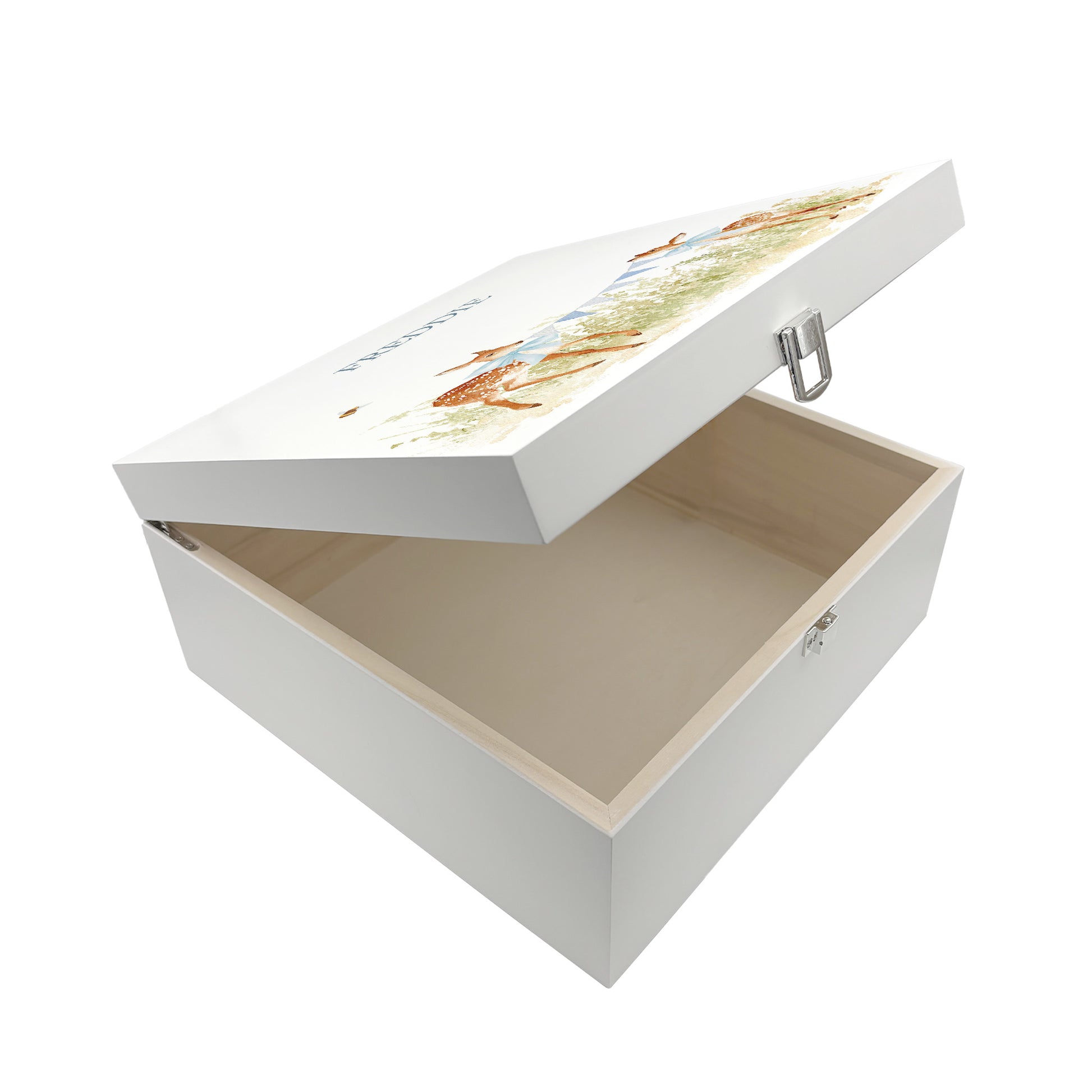 A personalised white wooden baby keepsake gift box with a watercolour fawns design. The box is shown with the lid open to show the solid wood box interior.