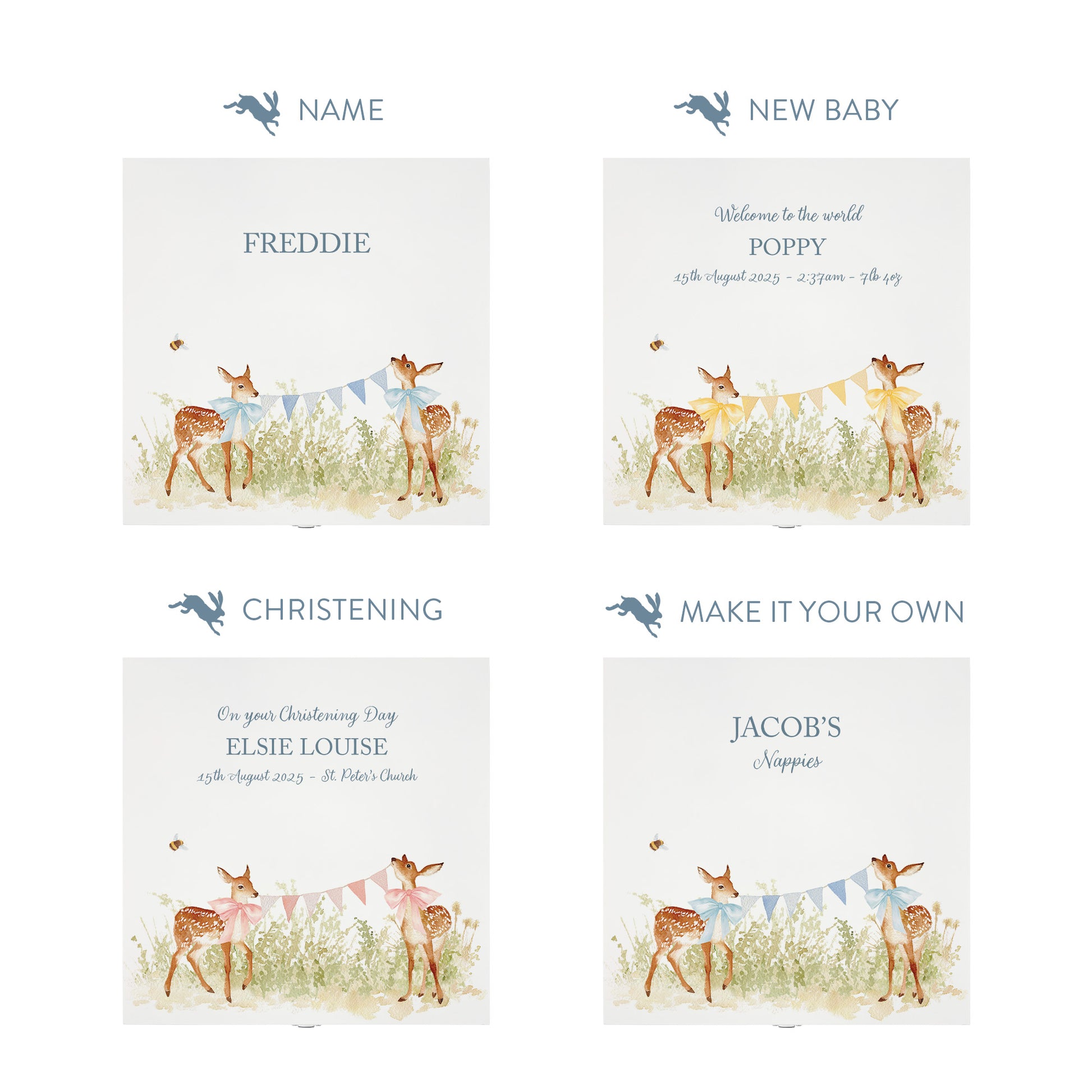 Personalisation options for a white wooden baby gift box with a baby fawns design. The image shows the personalised phrase options available for baby shower, christenings, and nursery storage.