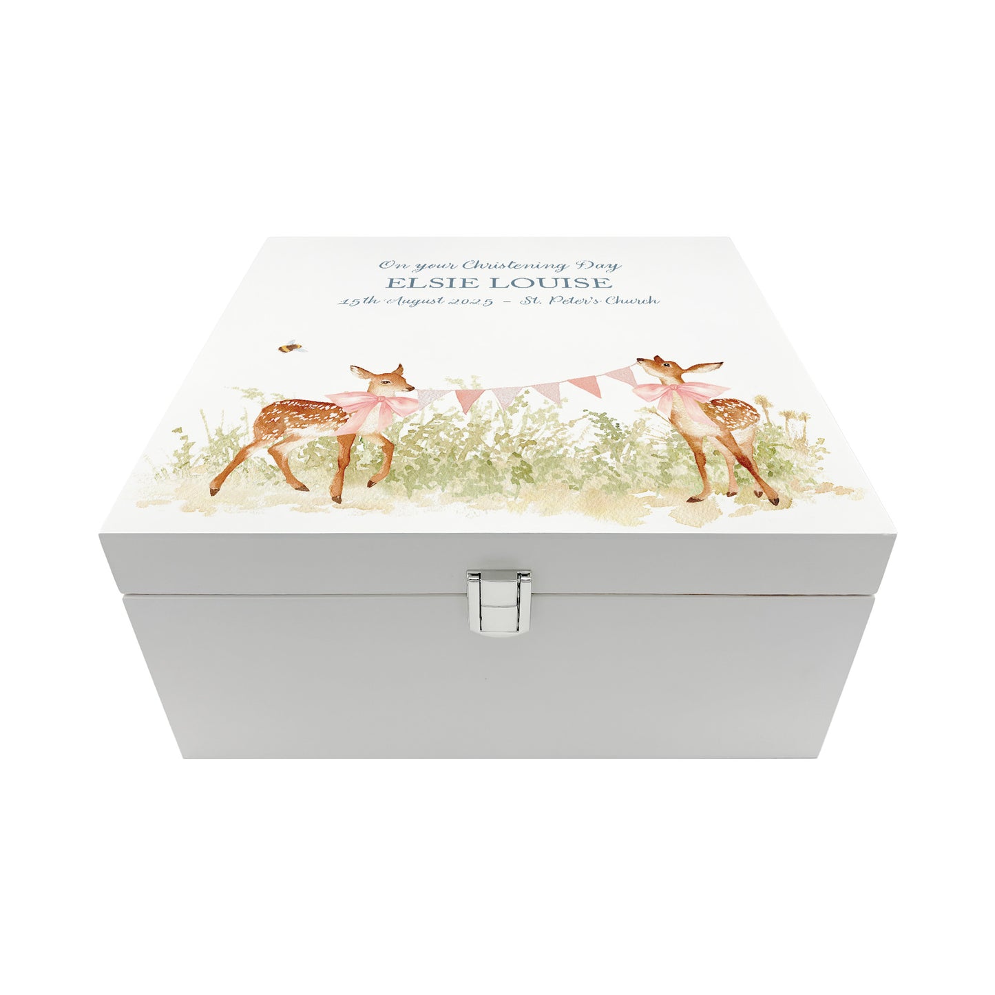 A personalised white wooden baby keepsake gift box with a watercolour fawns design. Ideal for new baby gifts, christenings, birthdays, memory box, and nursery storage.