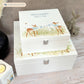 A white wooden keepsake box featuring a sweet baby fawns design, personalised with custom text. Choose from two sizes, medium and large.