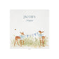 The top of a personalised white wooden baby keepsake gift box with a watercolour fawns design. Ideal for new baby gifts, christenings, birthdays, memory box, and nursery storage.