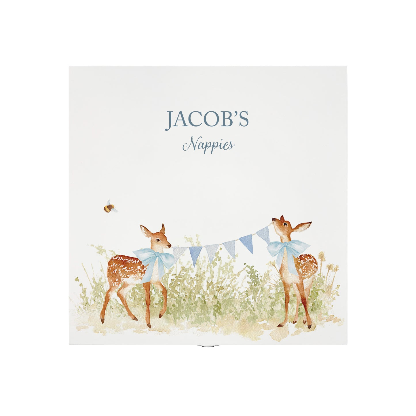 The top of a personalised white wooden baby keepsake gift box with a watercolour fawns design. Ideal for new baby gifts, christenings, birthdays, memory box, and nursery storage.