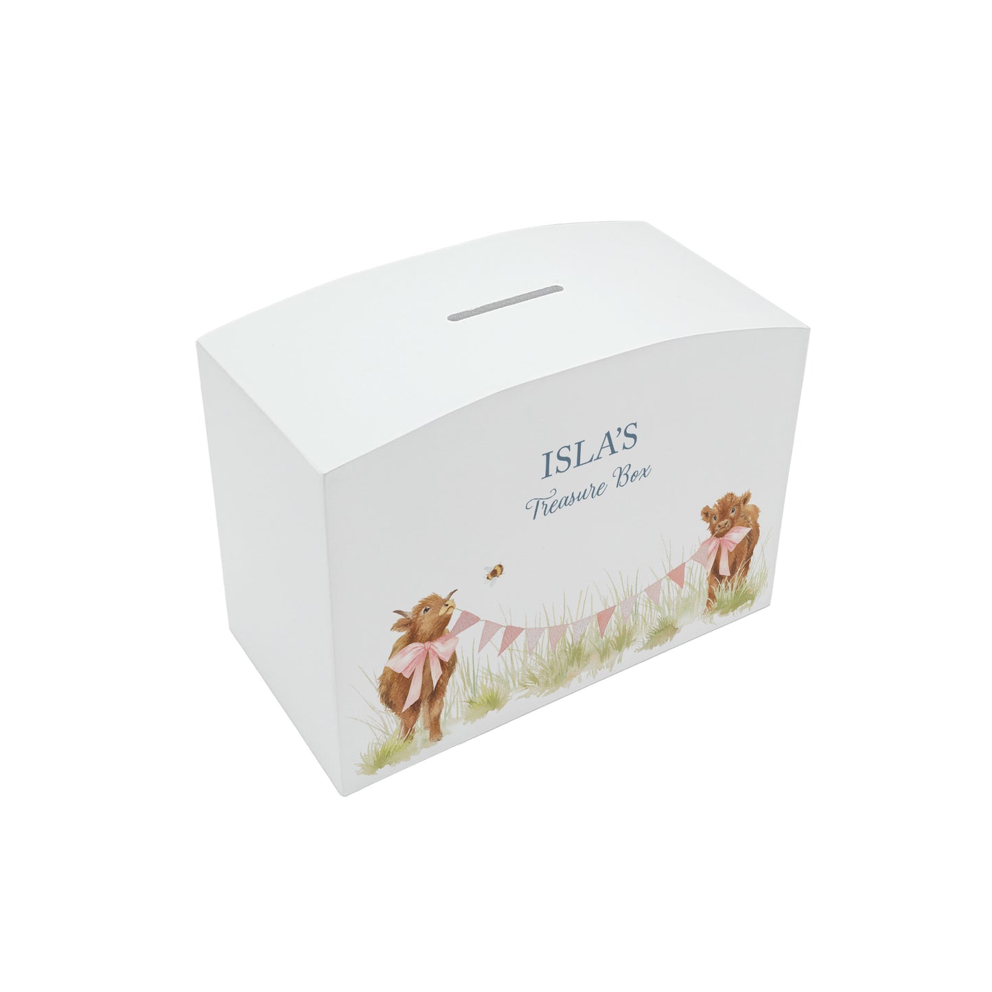 Baby Highland cows in a watercolour design on a childrens money box. Perfect for bedroom and nursery. 