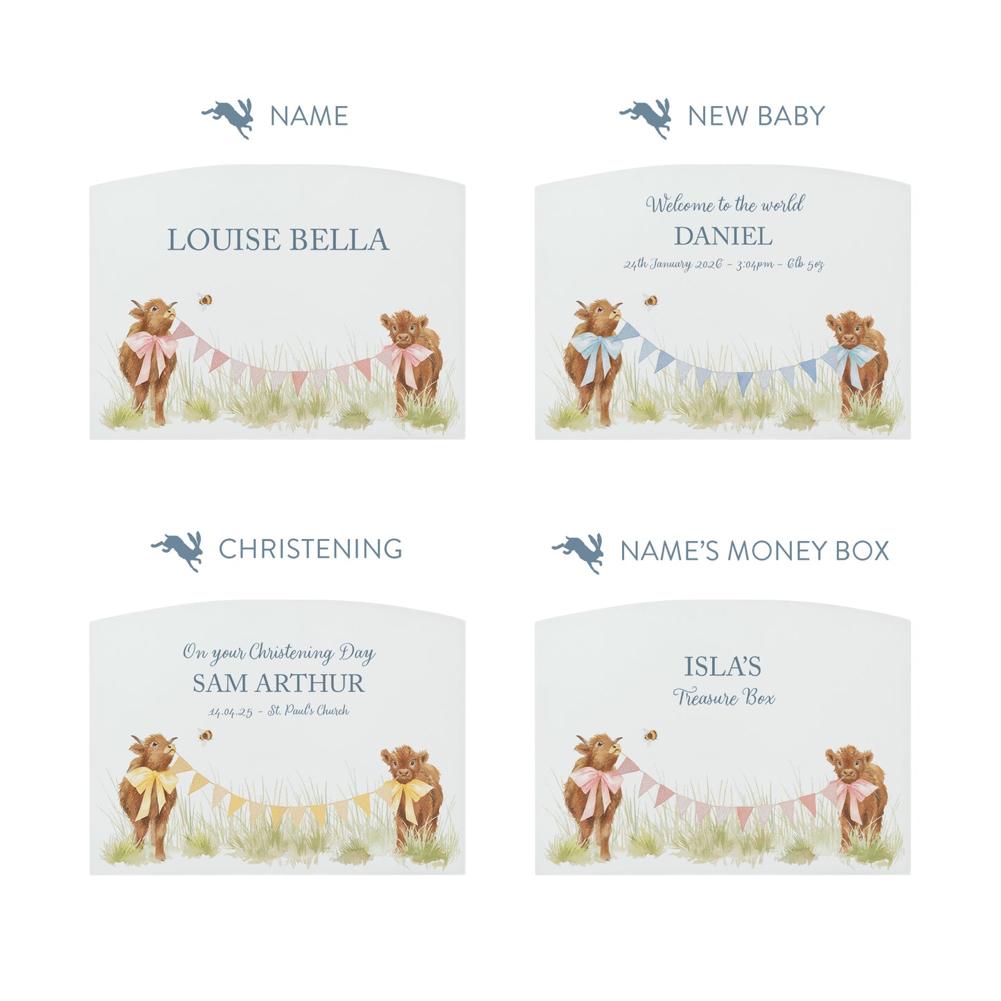 Baby Highland cows in a watercolour design on a childrens money box. Perfect for bedroom and nursery. 