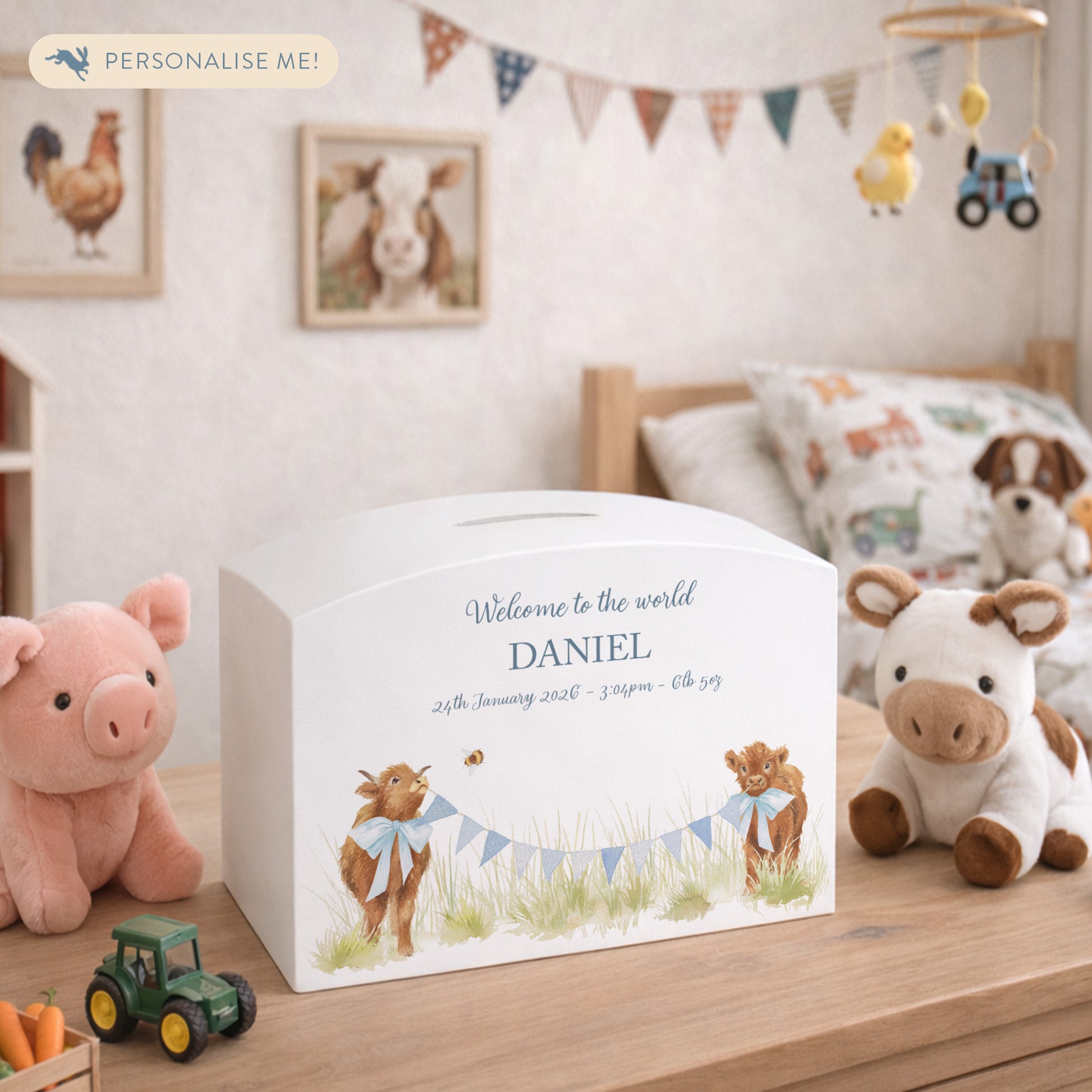 Baby Highland cows in a watercolour design on a childrens money box. Perfect for bedroom and nursery. 