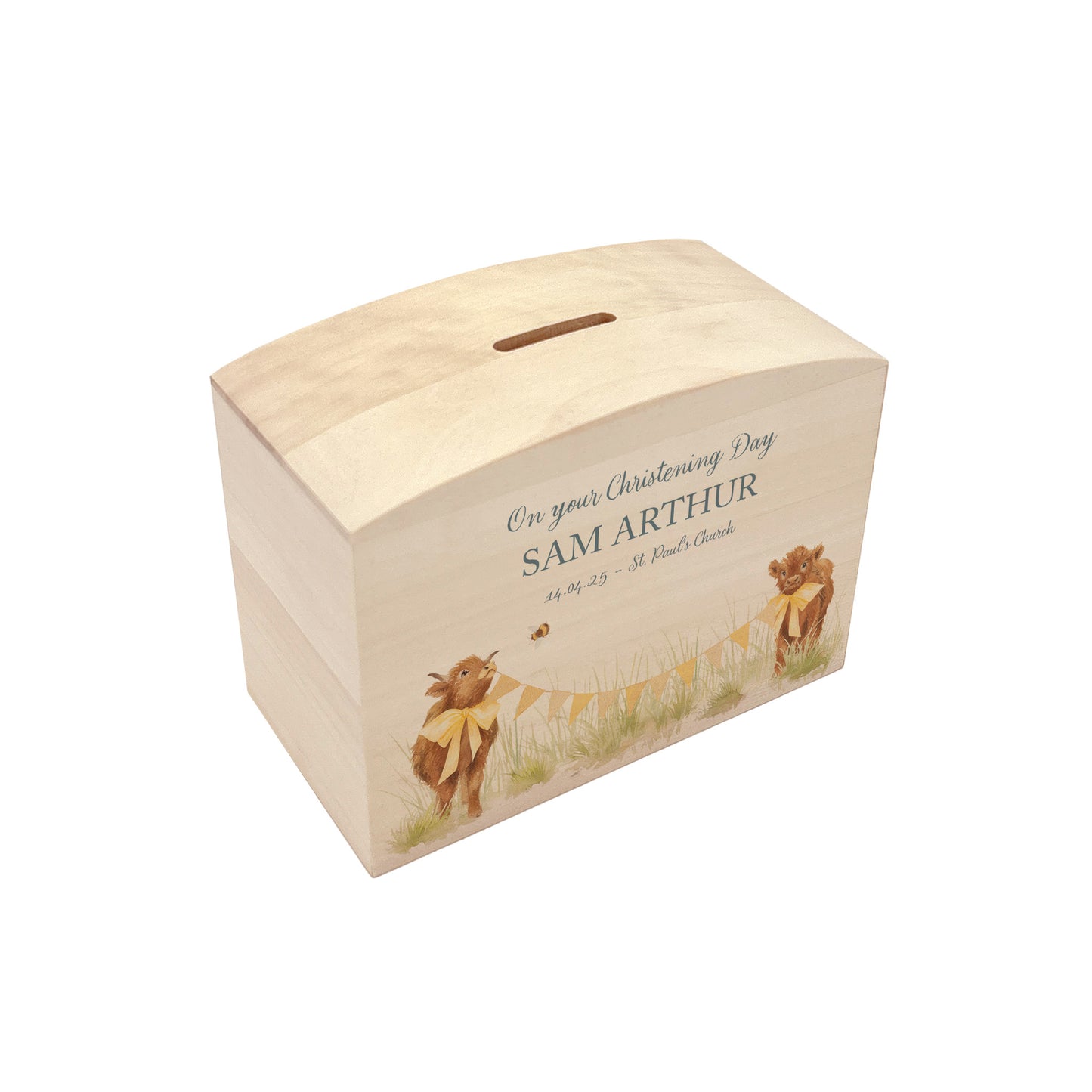 Highland Cow with bunting and bows in a water colour design, the perfect money box for your little savers. Newborn, birthday and christening gift. 