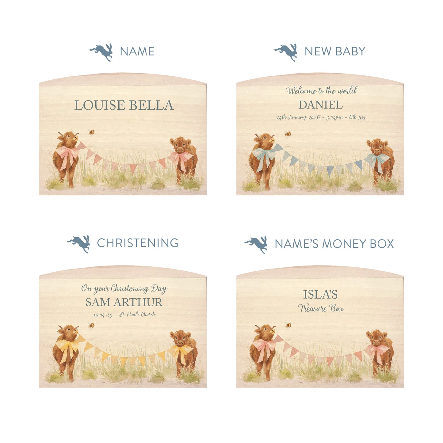 Highland Cow with bunting and bows in a water colour design, the perfect money box for your little savers. Newborn, birthday and christening gift. 