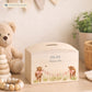 Highland Cow with bunting and bows in a water colour design, the perfect money box for your little savers. Newborn, birthday and christening gift. 
