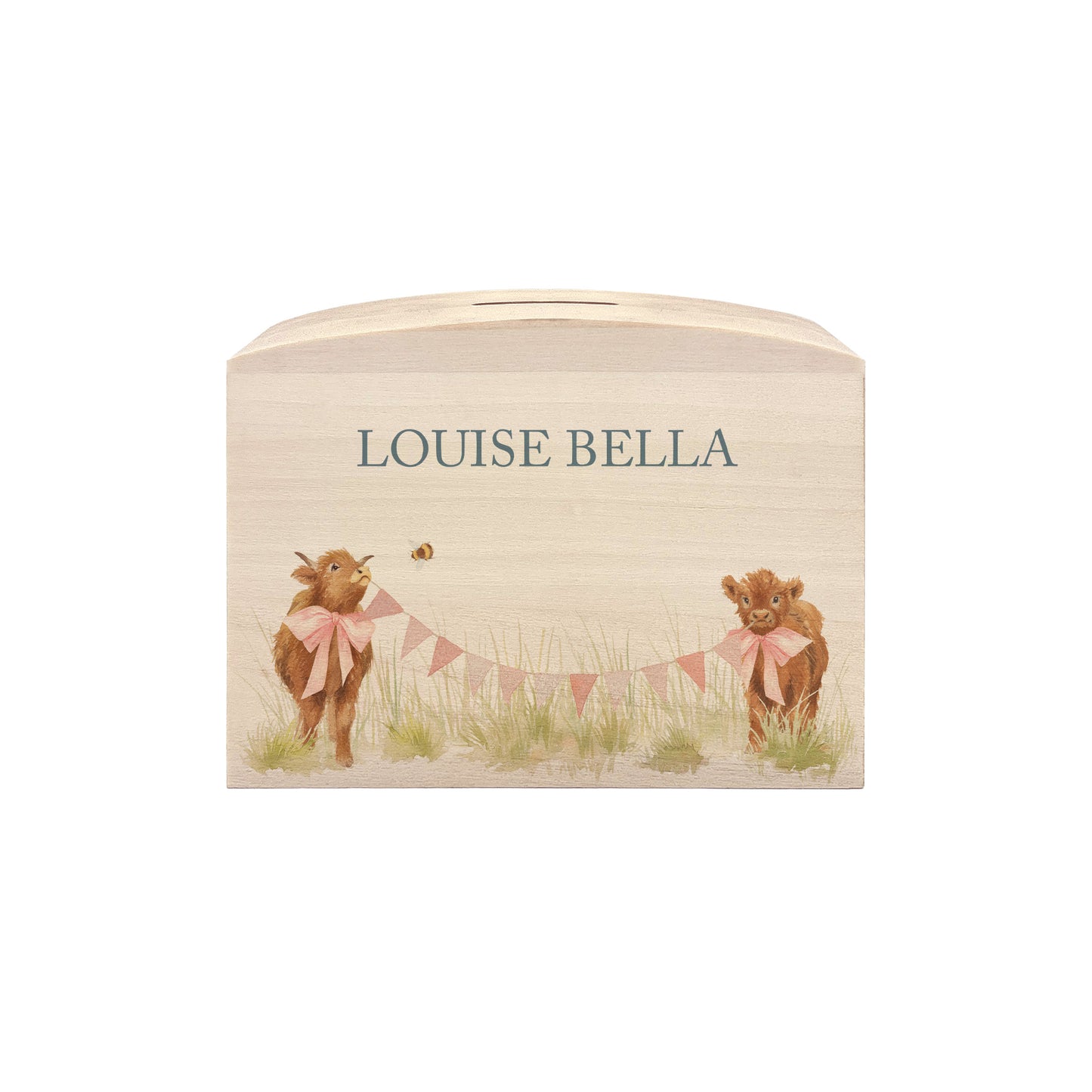 Highland Cow with bunting and bows in a water colour design, the perfect money box for your little savers. Newborn, birthday and christening gift. 