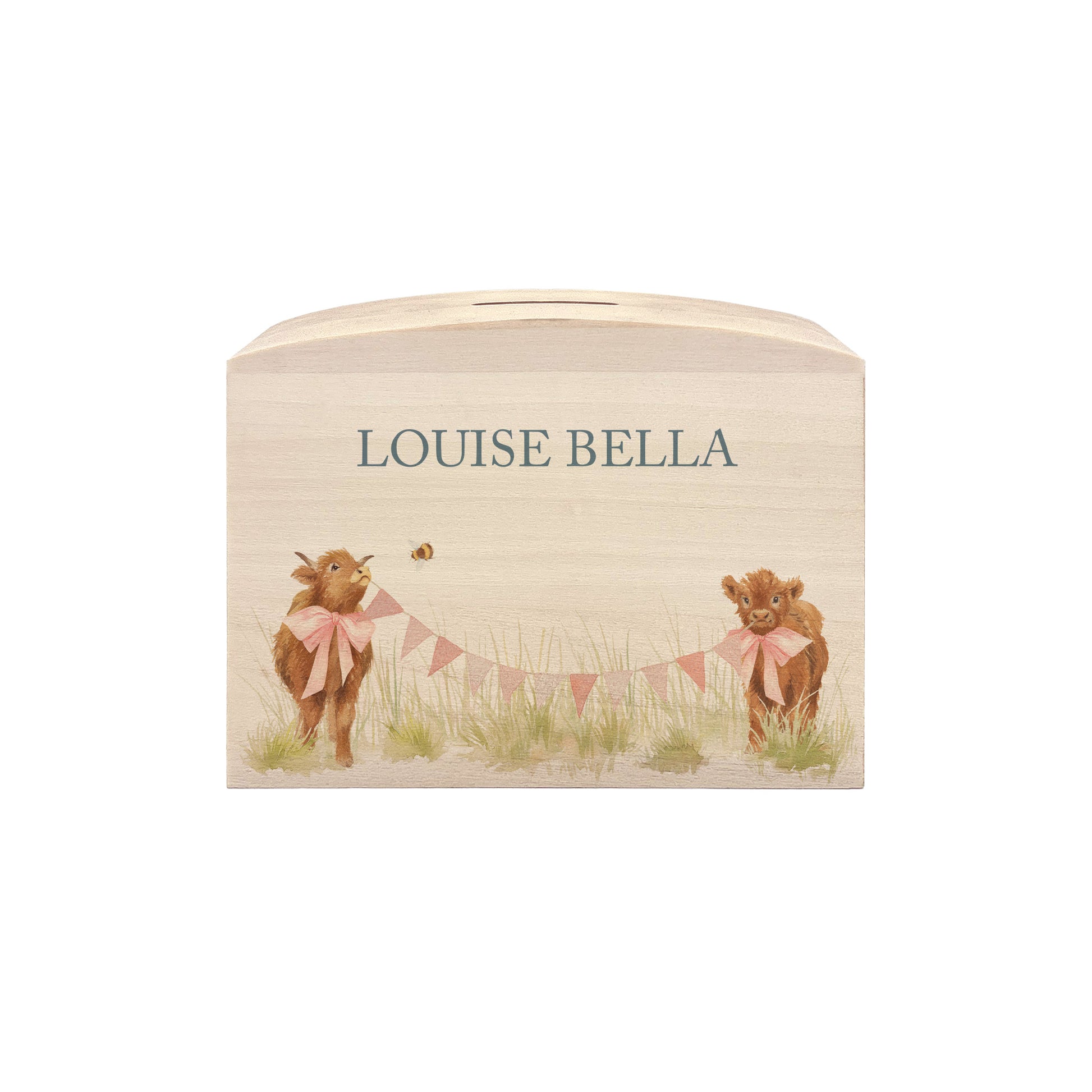 Highland Cow with bunting and bows in a water colour design, the perfect money box for your little savers. Newborn, birthday and christening gift. 