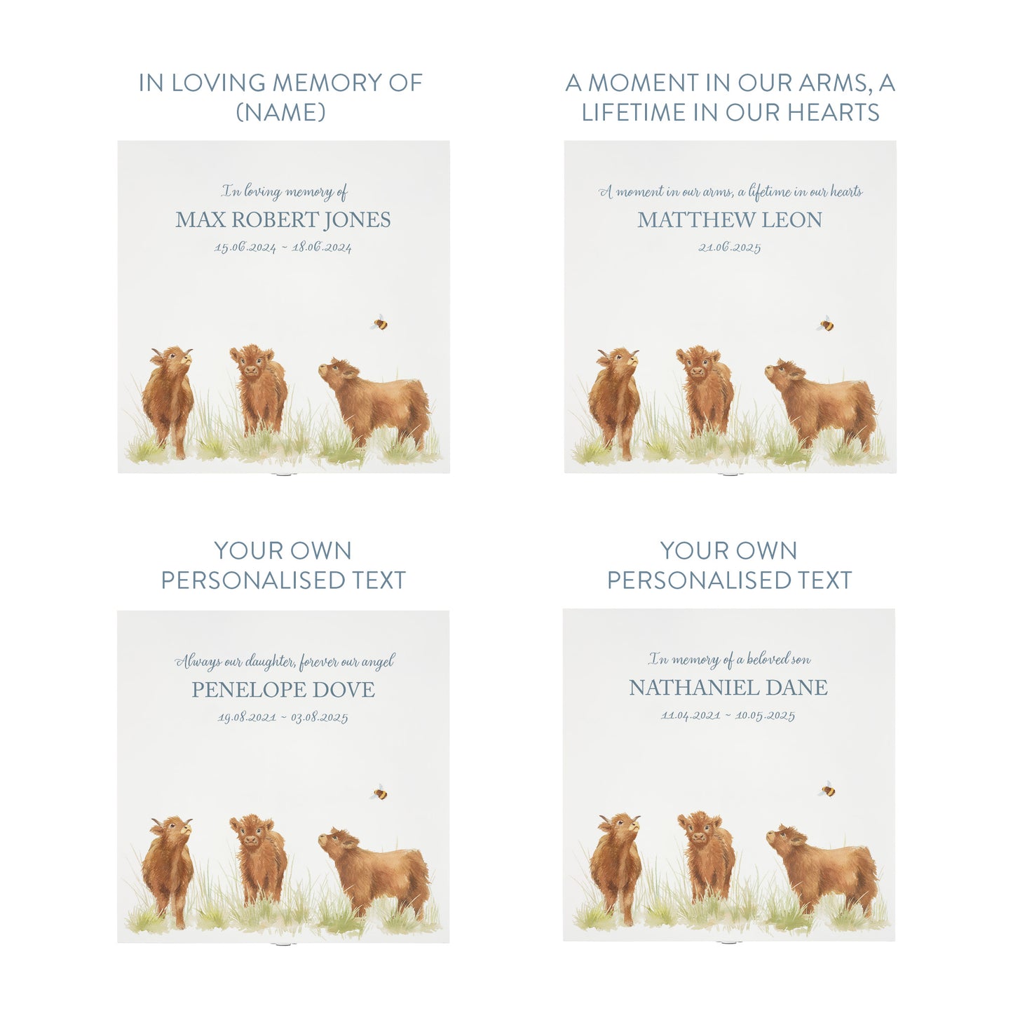 White Square personalised Wooden box with a decorative lid featuring illustrations Baby Highland Cow Perfect funeral memory keepsake box, for storing ashes, order of service, flowers and coping with baby loss capturing your loved ones things in one place. 