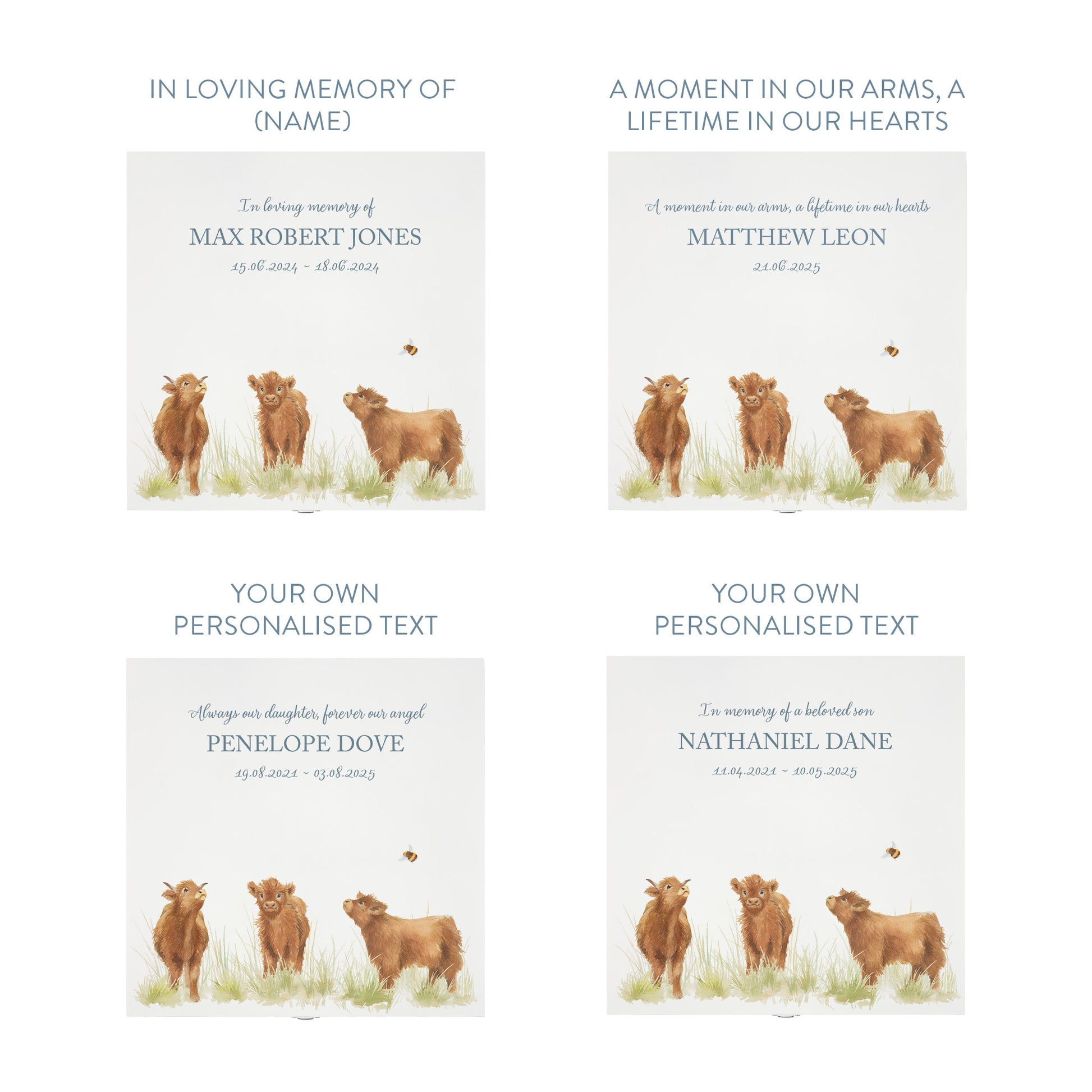 White Square personalised Wooden box with a decorative lid featuring illustrations Baby Highland Cow Perfect funeral memory keepsake box, for storing ashes, order of service, flowers and coping with baby loss capturing your loved ones things in one place. 