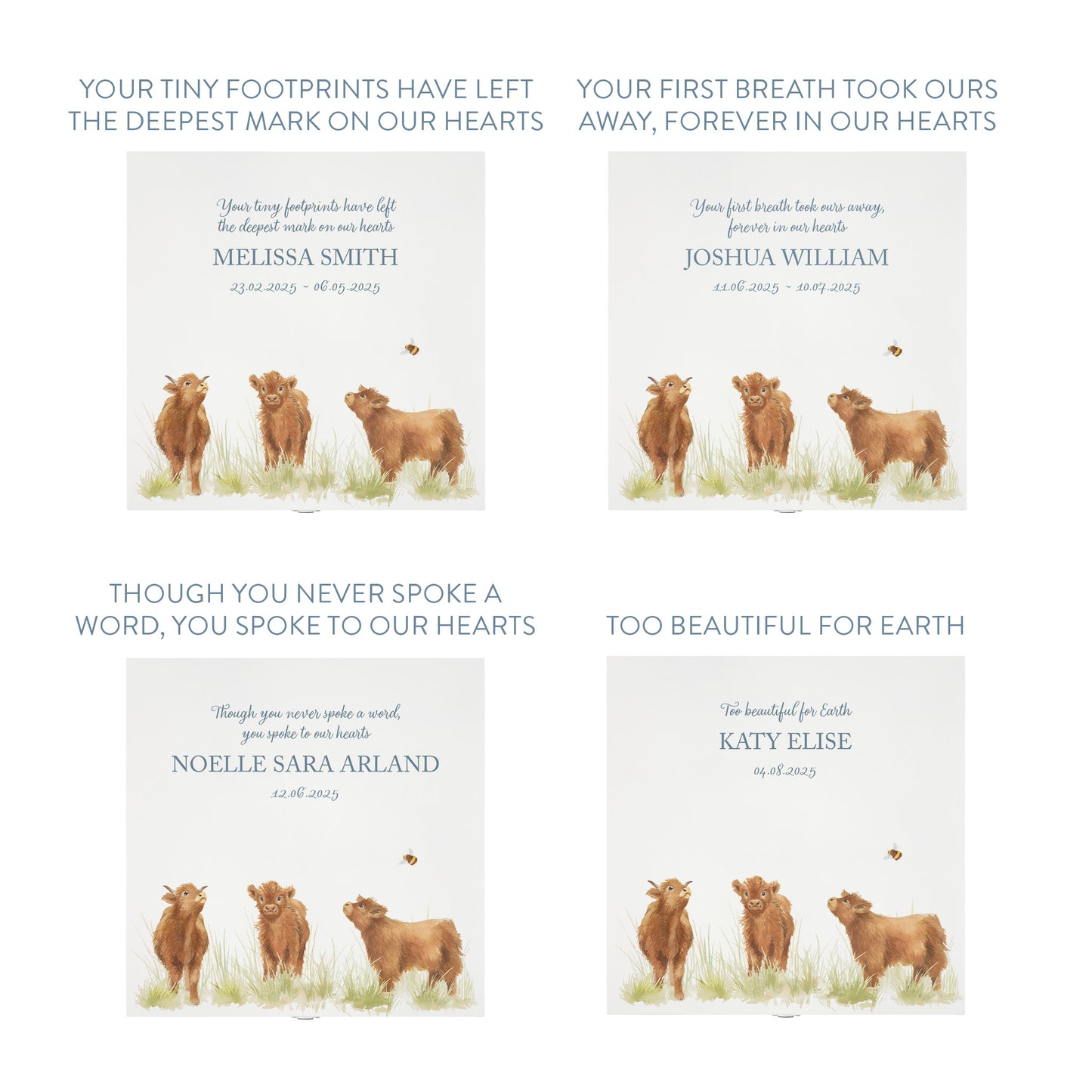 White Square personalised Wooden box with a decorative lid featuring illustrations Baby Highland Cow Perfect funeral memory keepsake box, for storing ashes, order of service, flowers and coping with baby loss capturing your loved ones things in one place. 