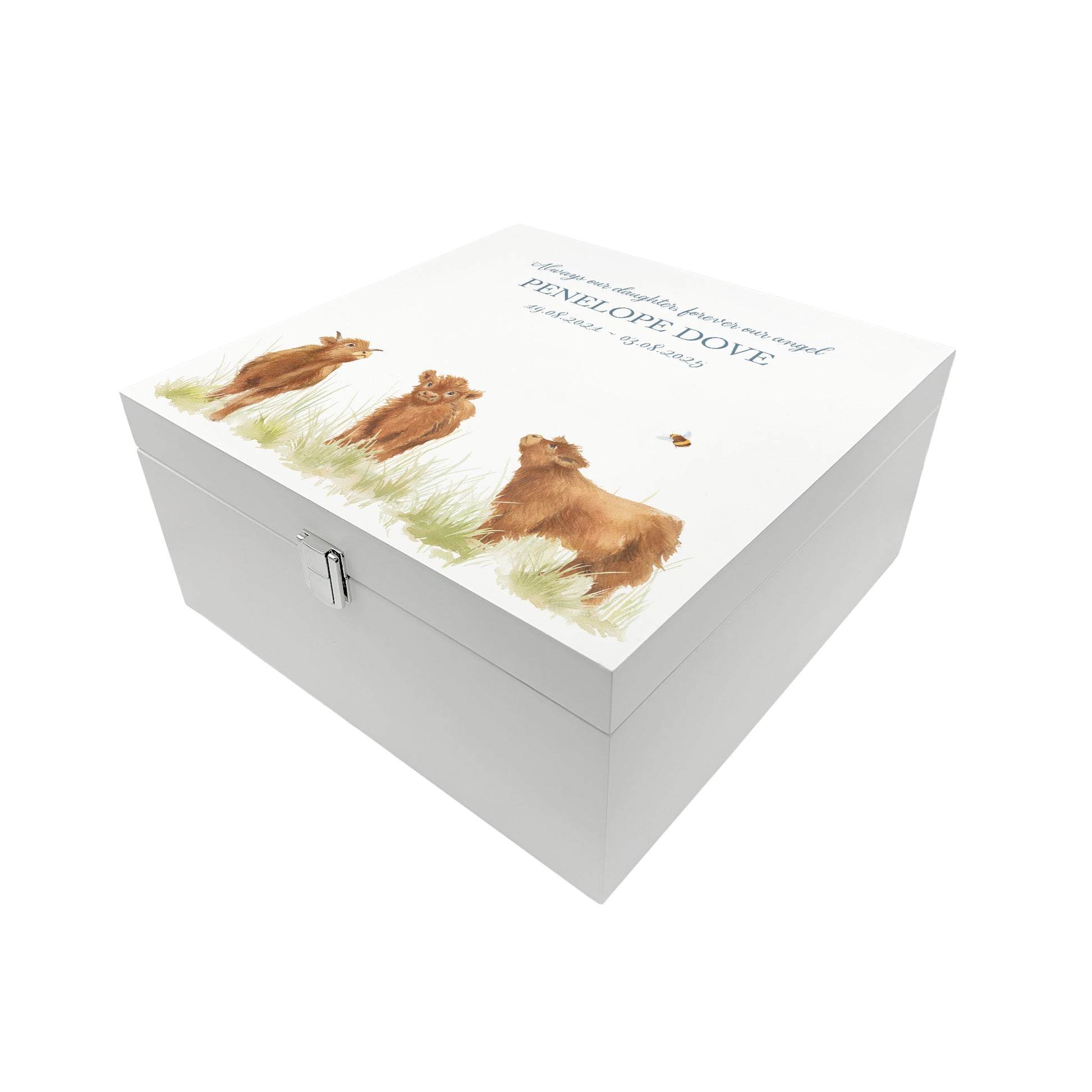 White Square personalised Wooden box with a decorative lid featuring illustrations Baby Highland Cow Perfect funeral memory keepsake box, for storing ashes, order of service, flowers and coping with baby loss capturing your loved ones things in one place. 
