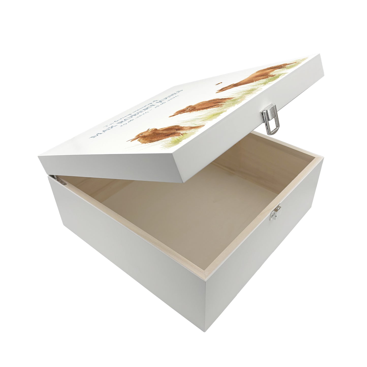 White Square personalised Wooden box with a decorative lid featuring illustrations Baby Highland Cow Perfect funeral memory keepsake box, for storing ashes, order of service, flowers and coping with baby loss capturing your loved ones things in one place. 