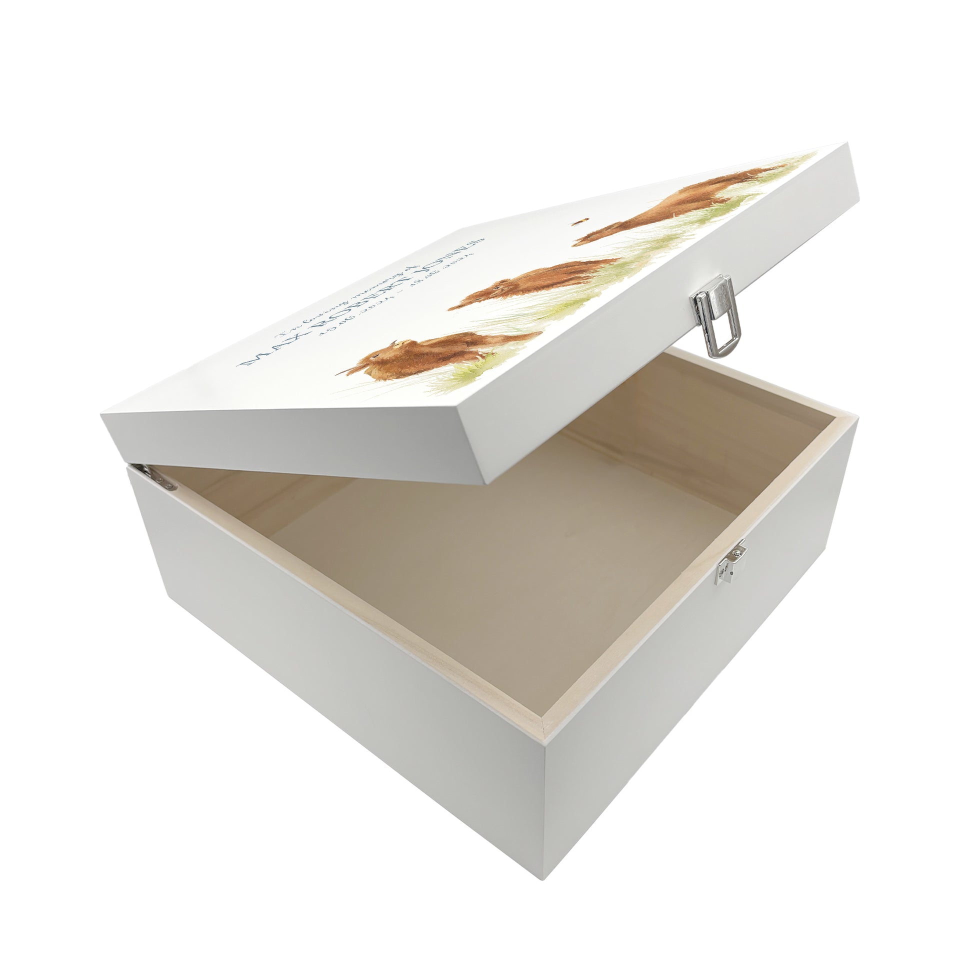 White Square personalised Wooden box with a decorative lid featuring illustrations Baby Highland Cow Perfect funeral memory keepsake box, for storing ashes, order of service, flowers and coping with baby loss capturing your loved ones things in one place. 