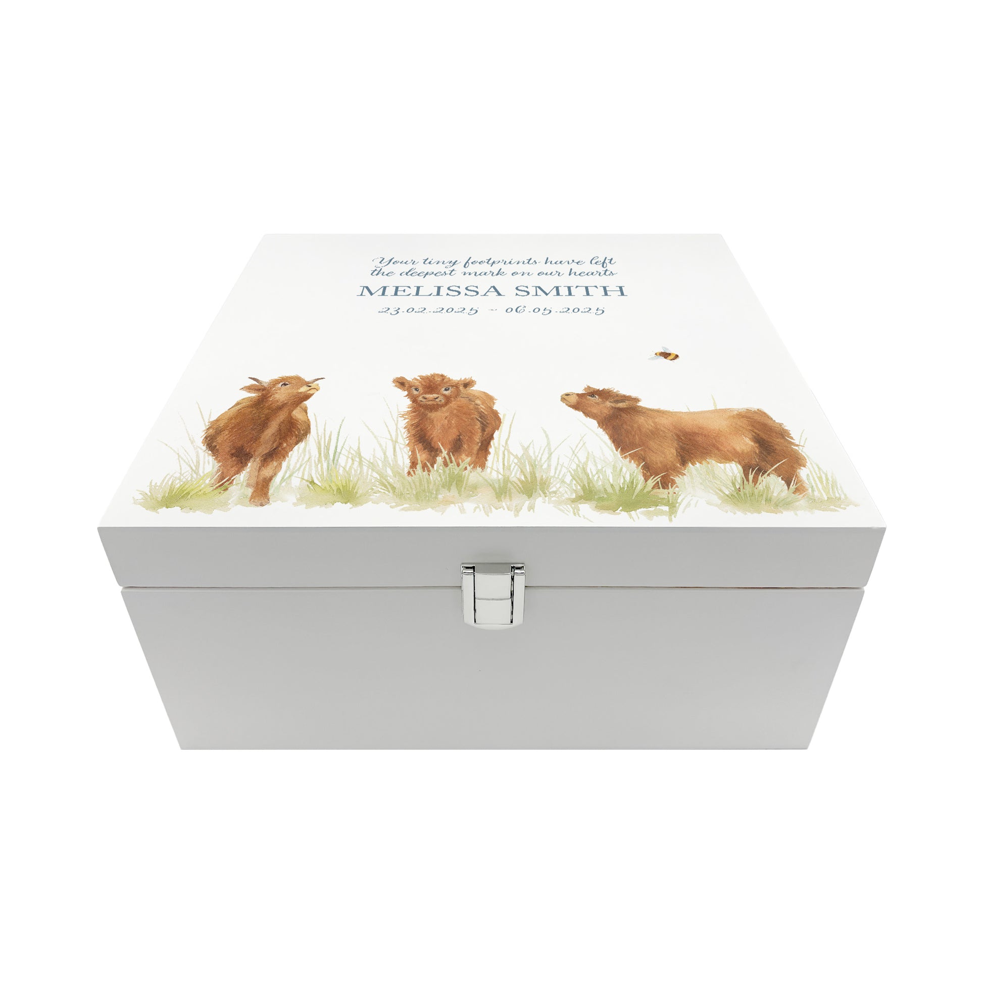 White Square personalised Wooden box with a decorative lid featuring illustrations Baby Highland Cow Perfect funeral memory keepsake box, for storing ashes, order of service, flowers and coping with baby loss capturing your loved ones things in one place. 