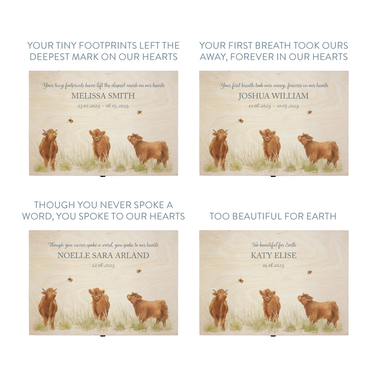 Wooden box with a decorative lid featuring illustrations Baby Highland Cow Perfect funeral memory keepsake box, for storing ashes, order of service, flowers and coping with baby loss capturing your loved ones things in one place 