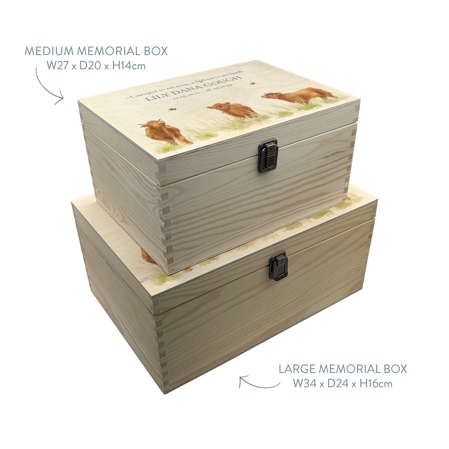 Wooden box with a decorative lid featuring illustrations Baby Highland Cow Perfect funeral memory keepsake box, for storing ashes, order of service, flowers and coping with baby loss capturing your loved ones things in one place 