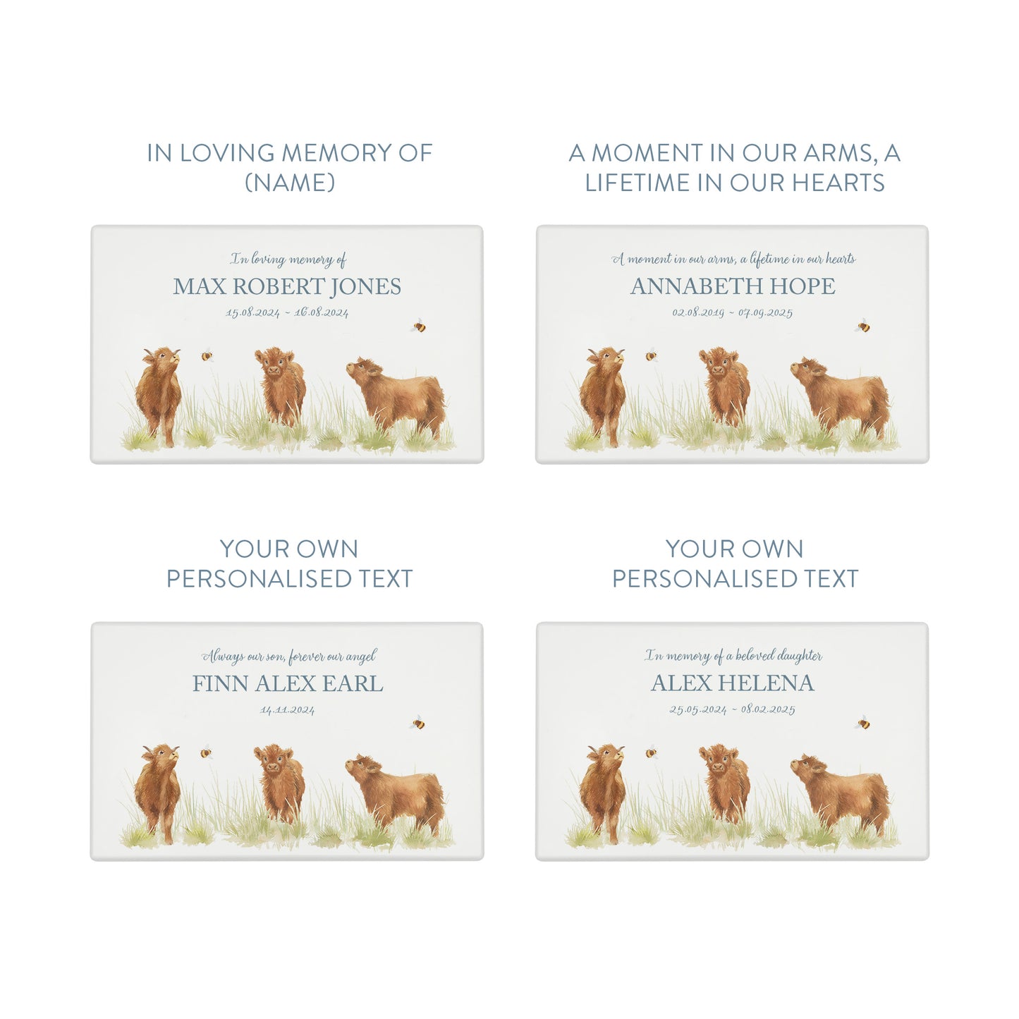 Luxury solid wooden white painted Urn ,  Featuring Baby Highland cow, A watercolour illustration, our urns and Caskets for displaying or burying ashes. Customisable and can be personalised. Perfect funeral memory keepsake urn, for storing ashes for humans and pets. Coping with baby loss, baby memorial