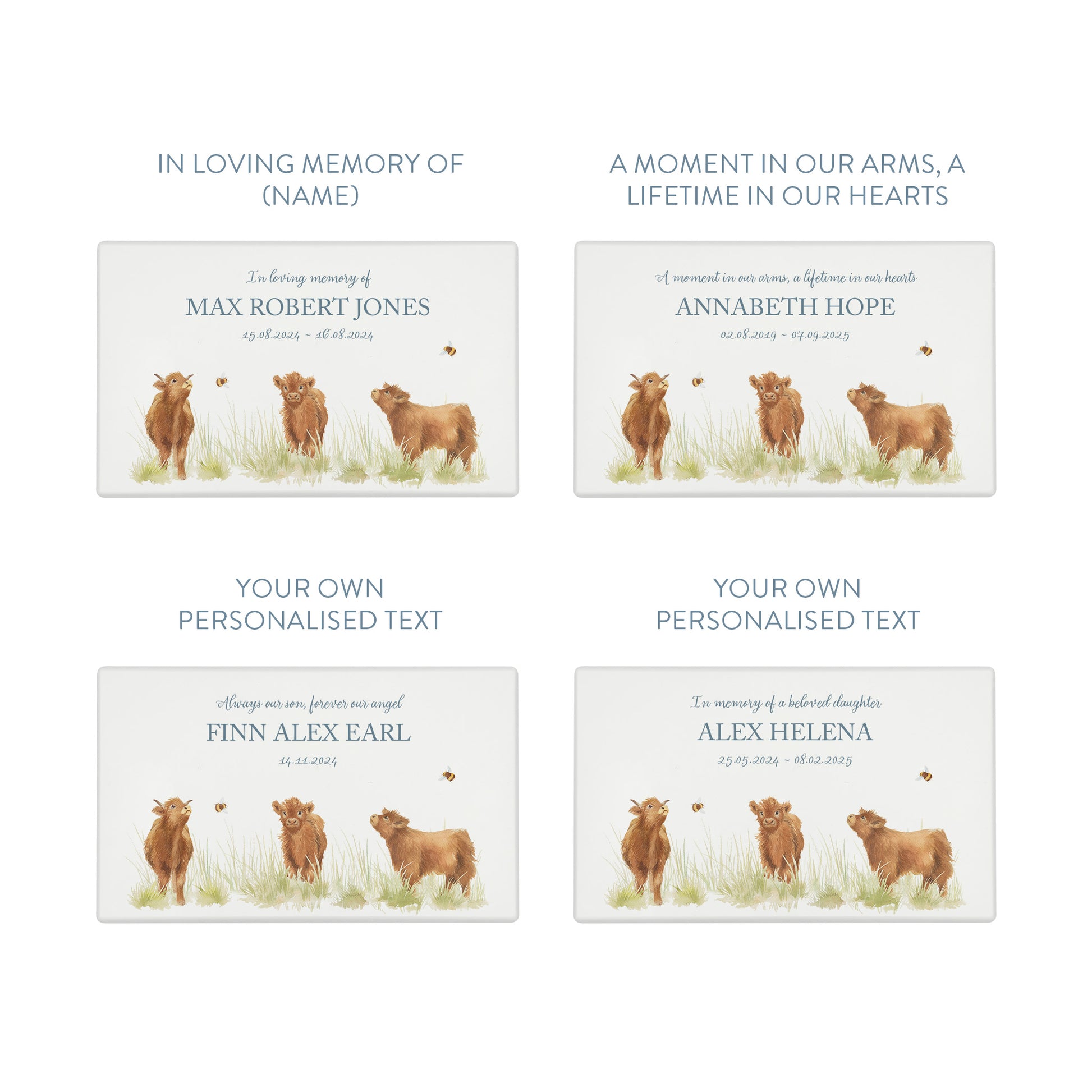 Luxury solid wooden white painted Urn ,  Featuring Baby Highland cow, A watercolour illustration, our urns and Caskets for displaying or burying ashes. Customisable and can be personalised. Perfect funeral memory keepsake urn, for storing ashes for humans and pets. Coping with baby loss, baby memorial